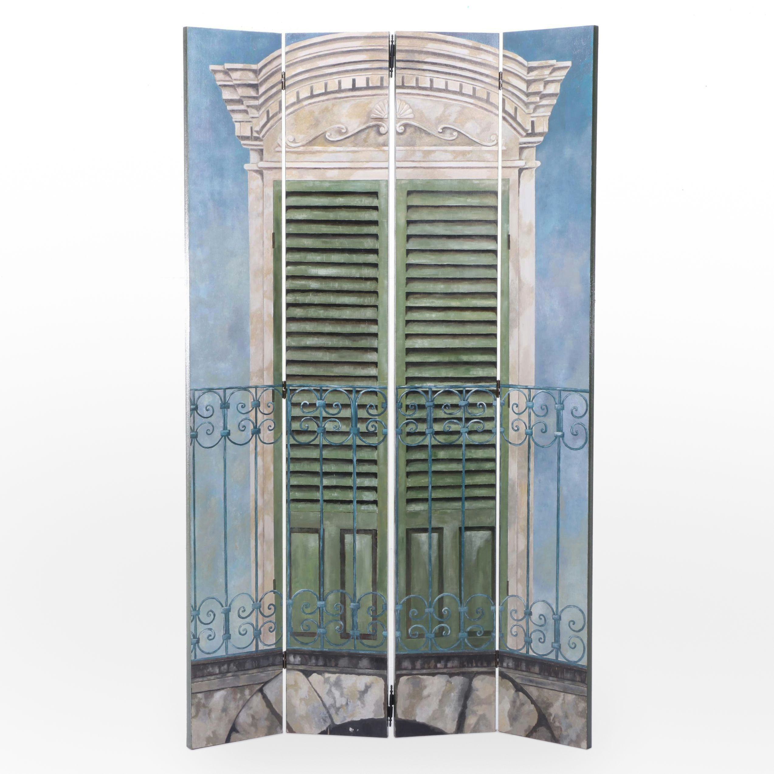 Hand-Painted Four-Panel Wood Screen with Architectural Motif