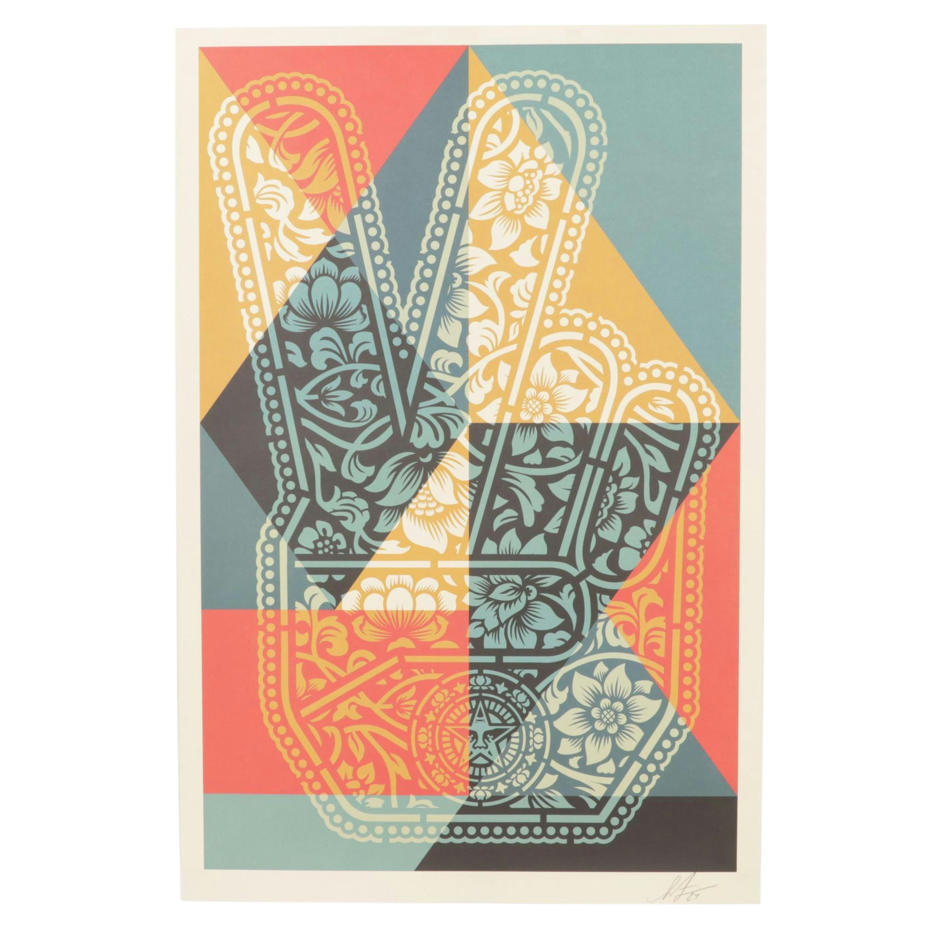 Shepard Fairey Geometric Offset Lithograph "Peace Fingers," 2024