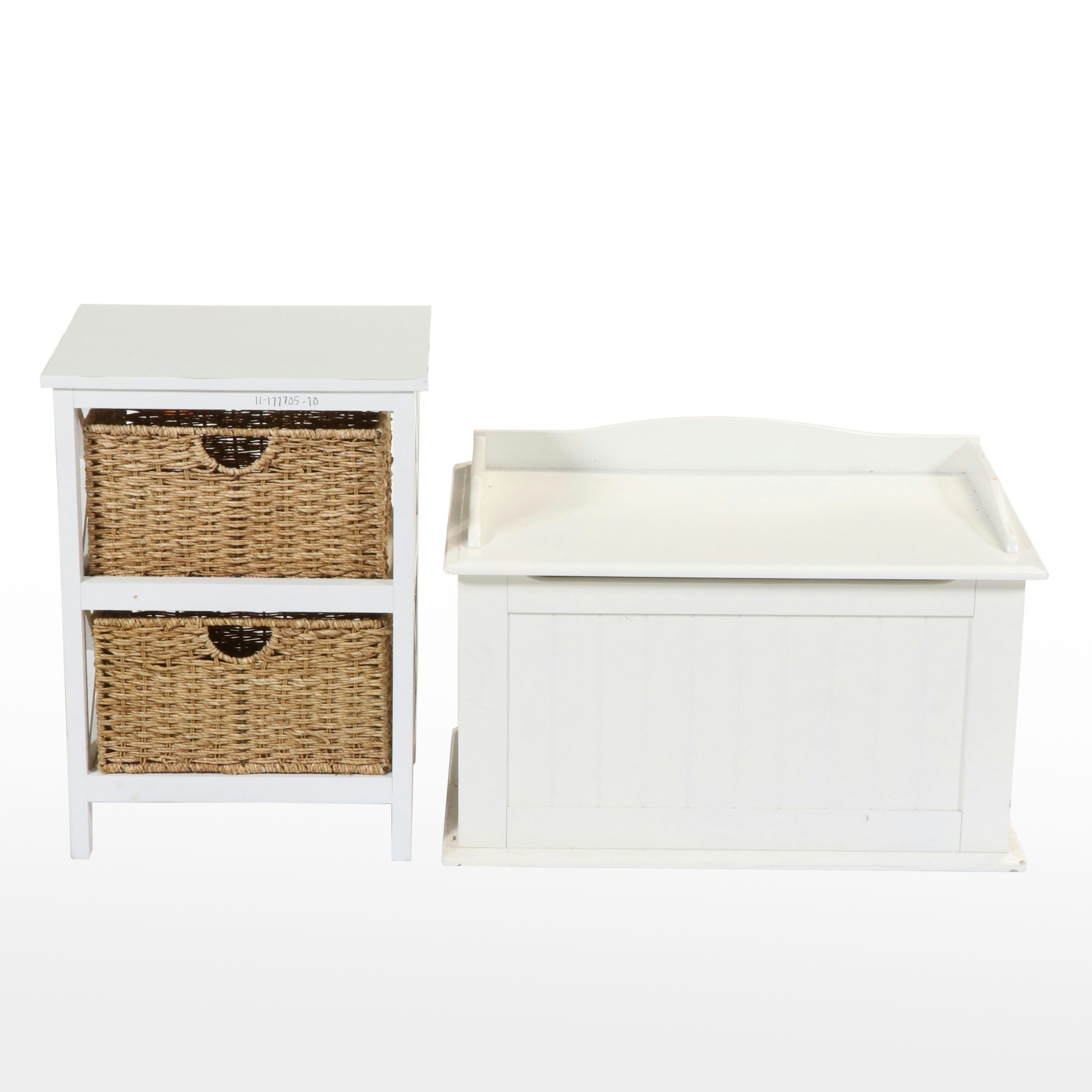 White Painted Wooden Storage Chest and End Table with Storage Baskets