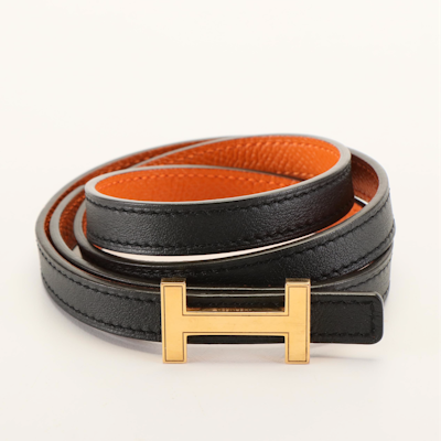 Hermès Focus Reversible Belt Black and Orange Leather