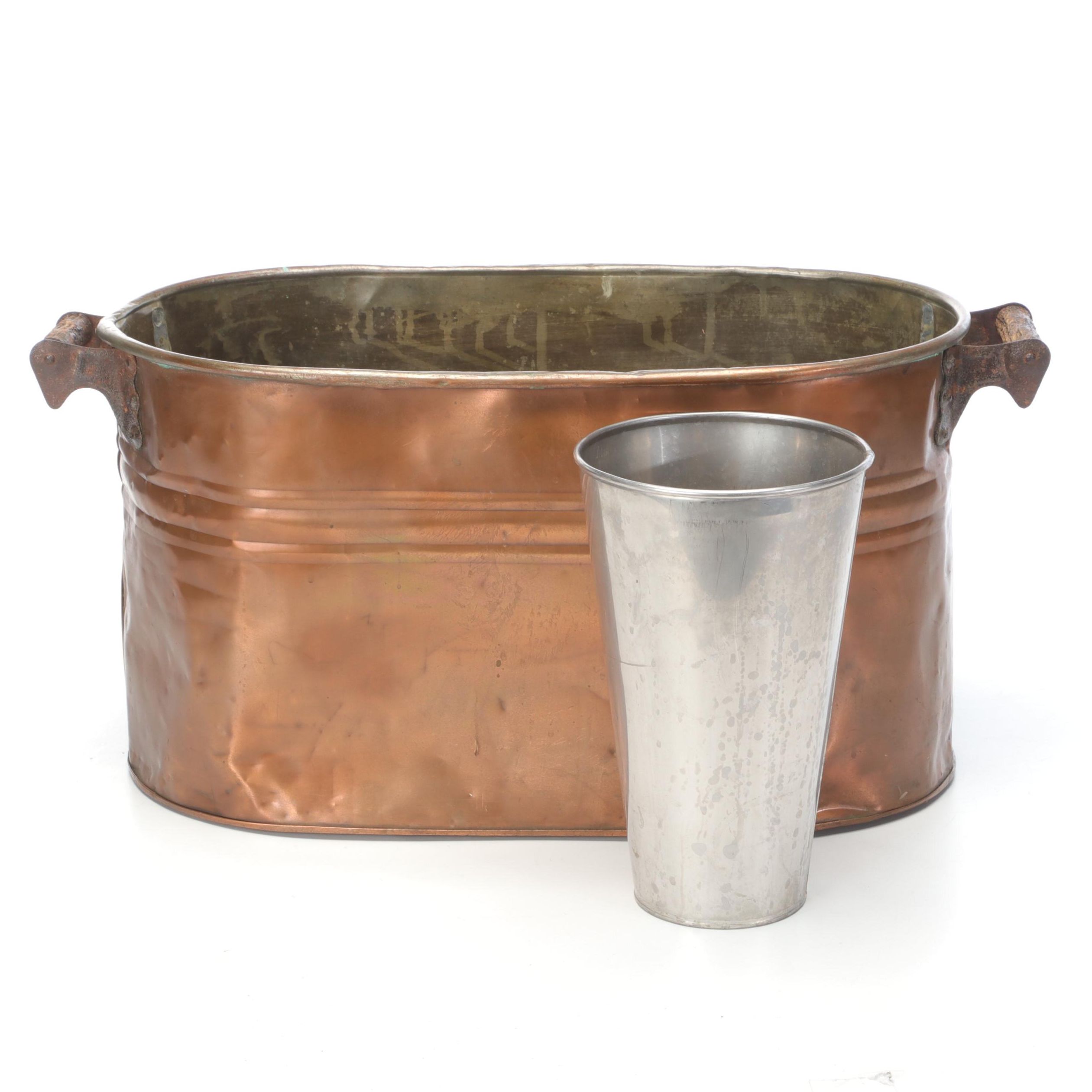 Copper Boiler with Wooden Handles and Smaller Metal Vase