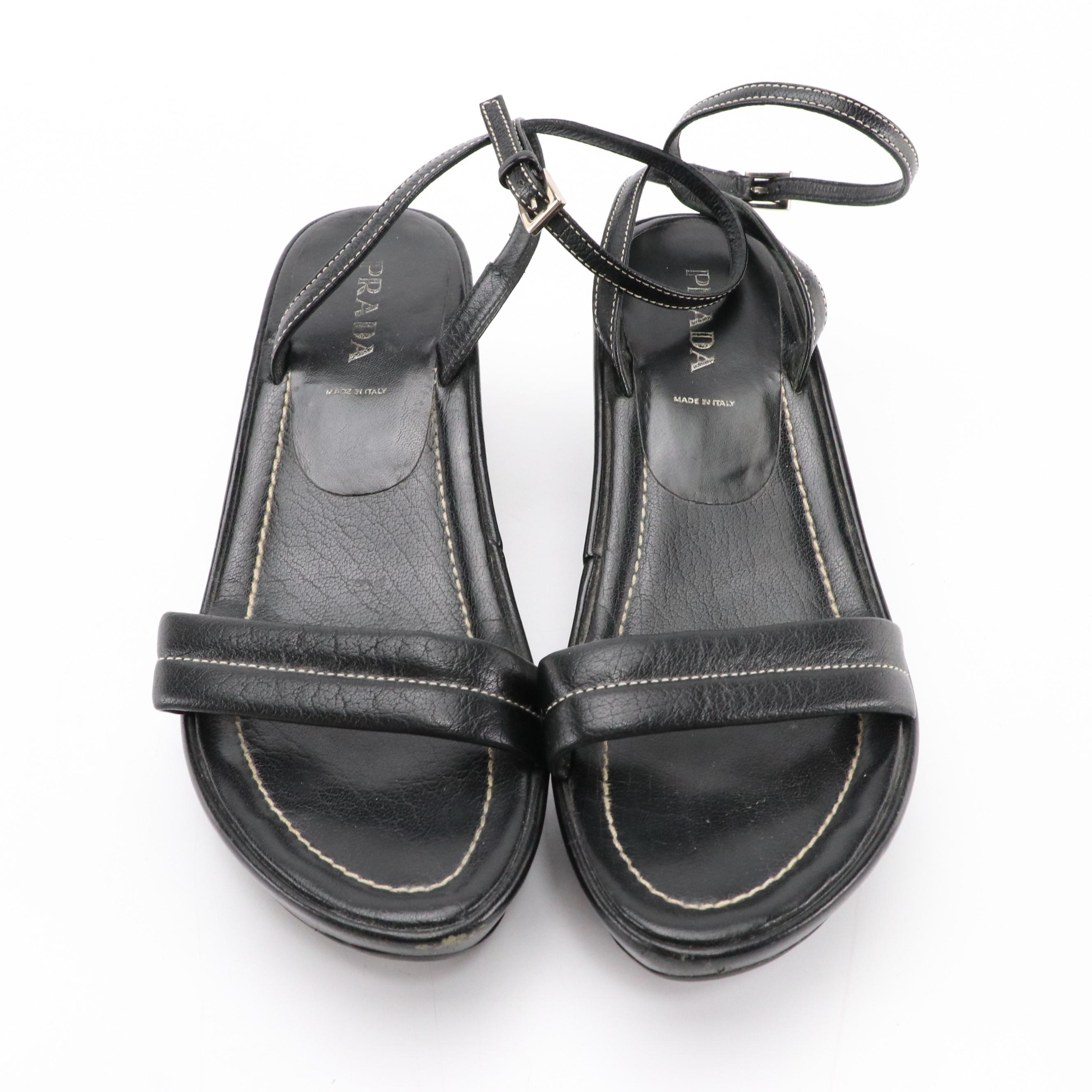 Prada Black Leather Ankle-Strap Wedge Sandals with Contrast Stitching