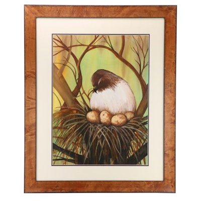 J. J. Sneed Large-Scale Watercolor Painting of Bird in Nest