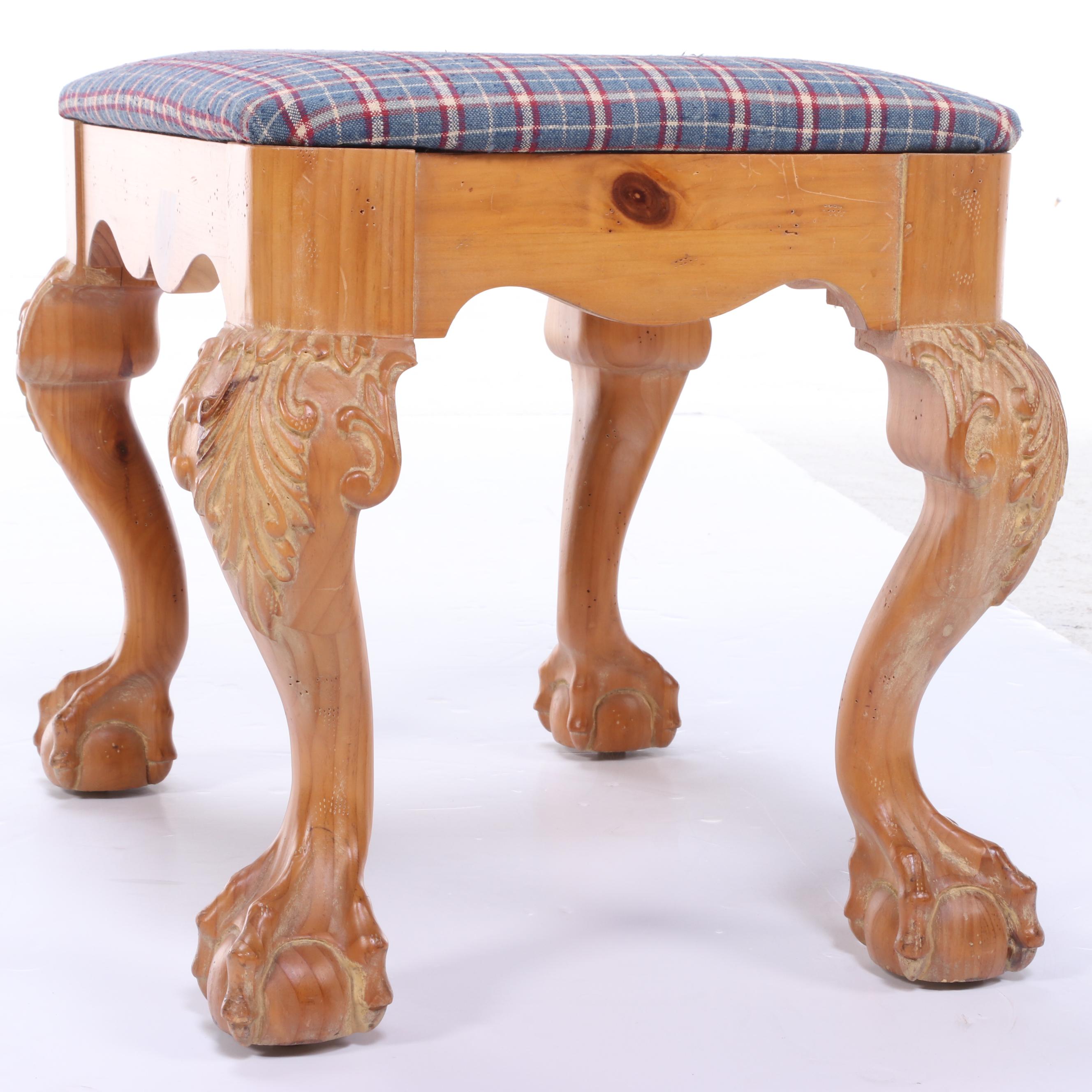 Young Hinkle Chippendale Style Pine and Plaid-Upholstered Stool