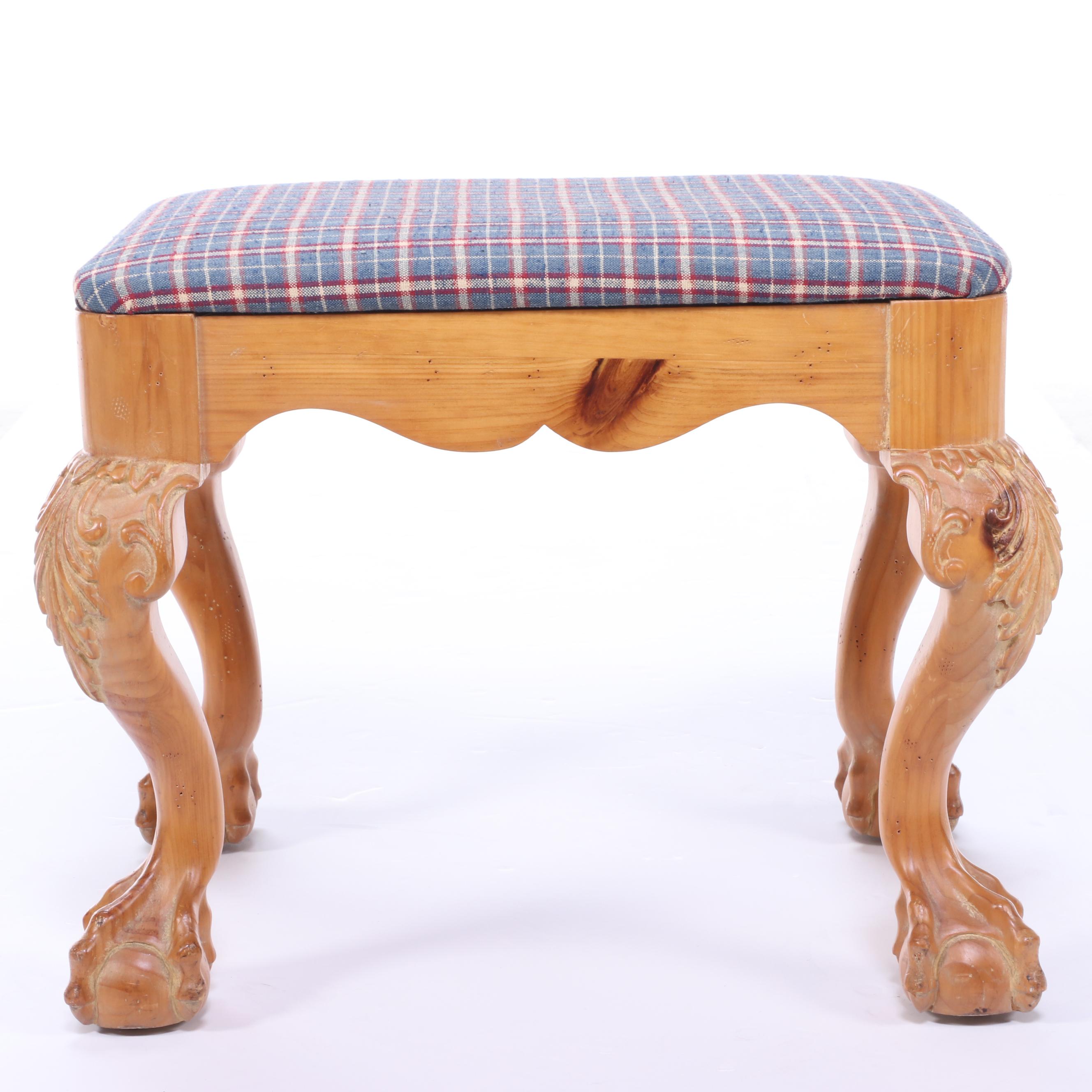 Young Hinkle Chippendale Style Pine and Plaid-Upholstered Stool