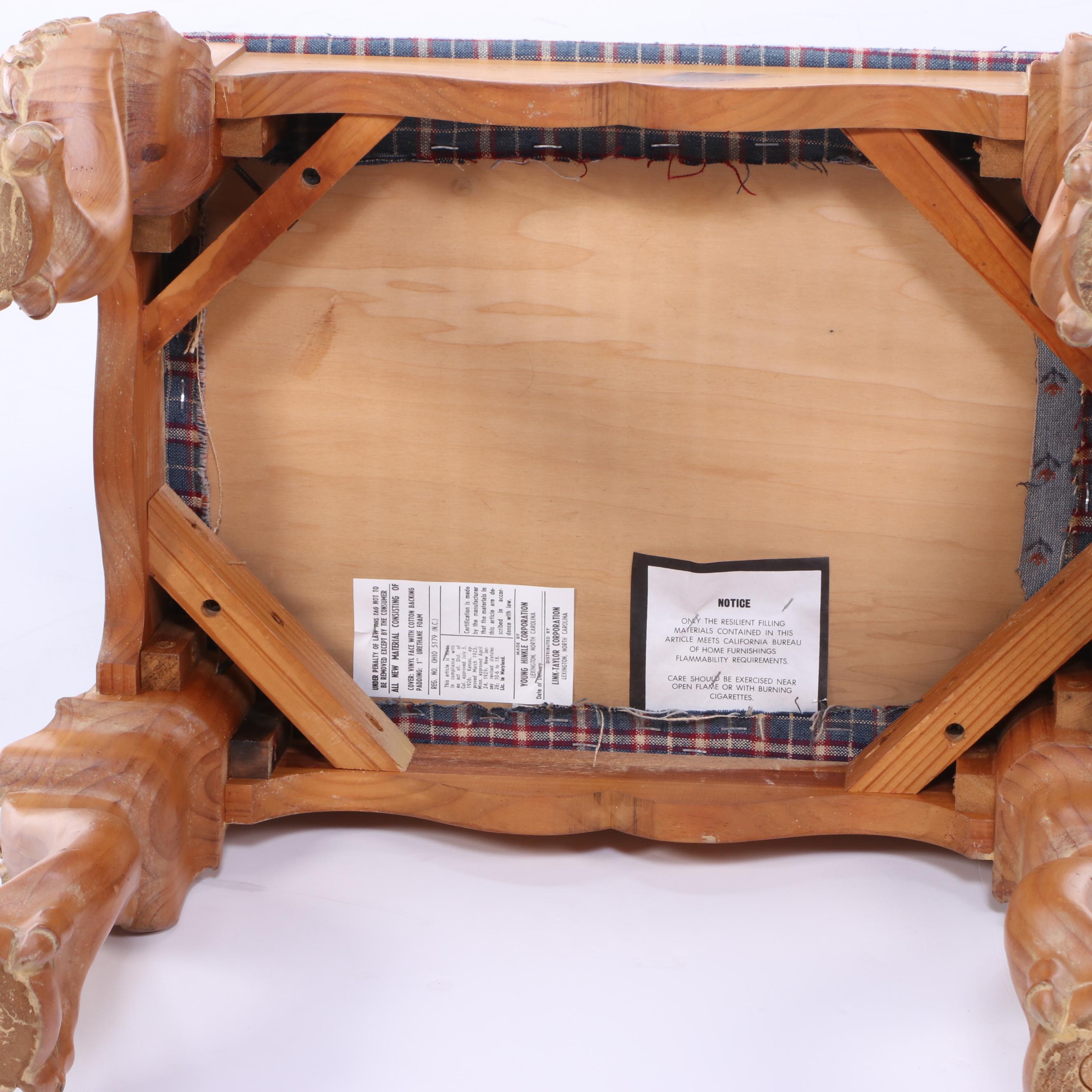 Young Hinkle Chippendale Style Pine and Plaid-Upholstered Stool