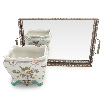 Porcelain Square Vase and Mirrored Tray With Metal Gallery