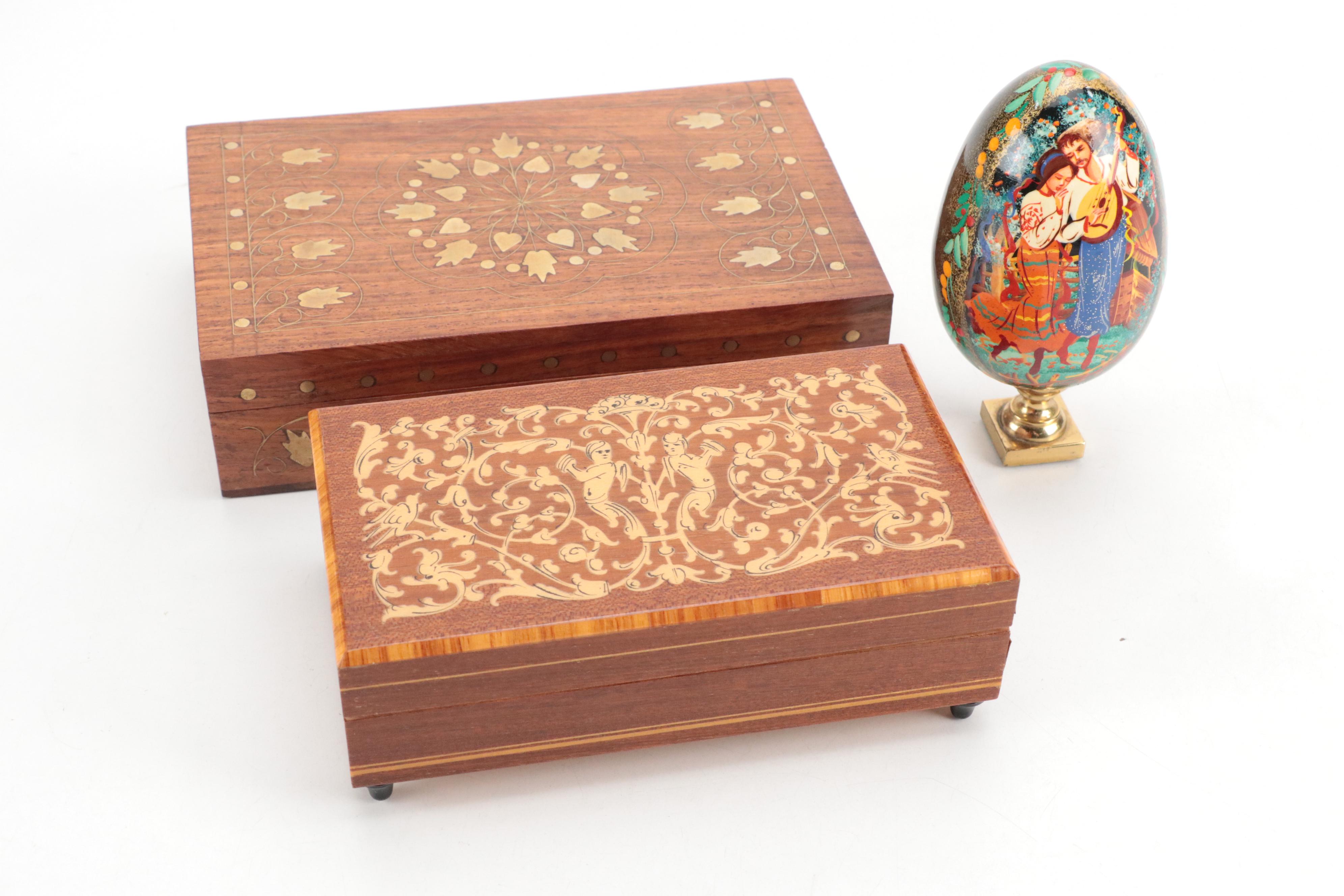 Russian Lacquered Egg with Reuge Wood Music Box and More