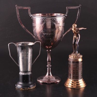 Silver Plate High Jump and Rowing Trophies With Gilt Swimming Trophy, 20th C