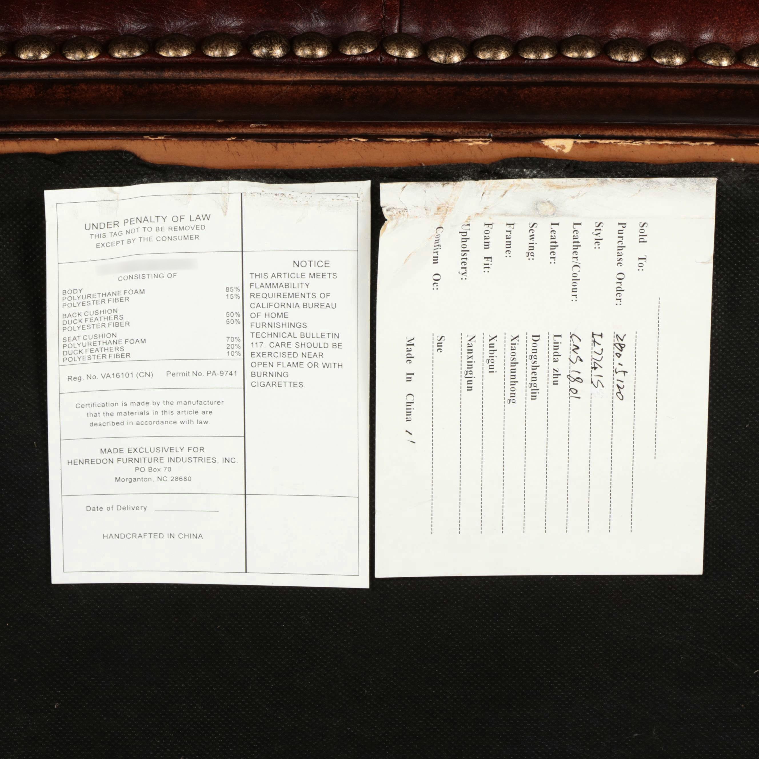 Henredon Upholstery Collection Leather and Brass-Tacked Sofa