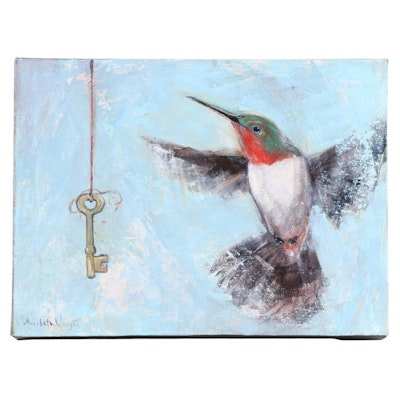 Maribeth Wright Acrylic Painting of Hummingbird with Skeleton Key