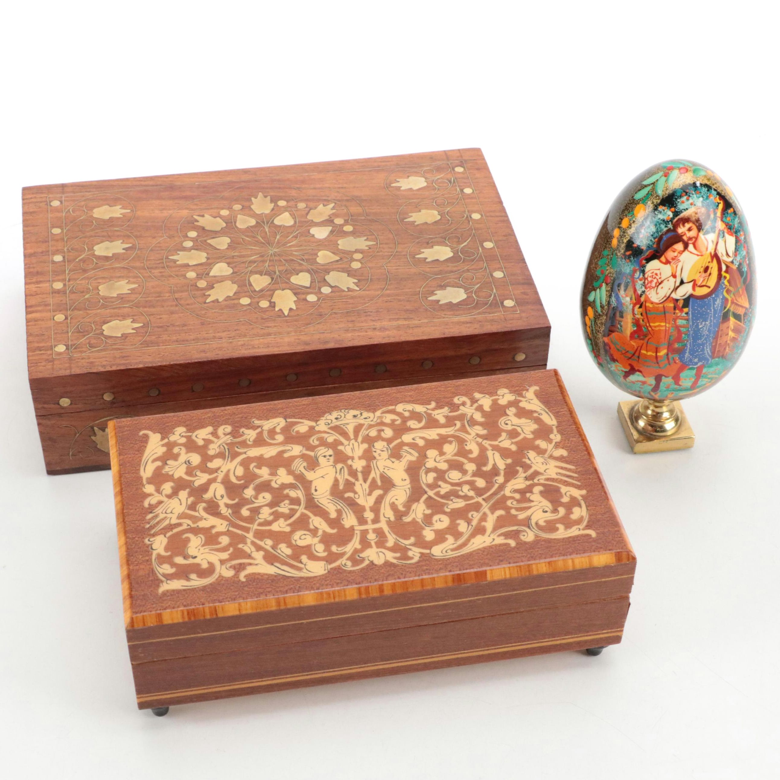 Russian Lacquered Egg with Reuge Wood Music Box and More
