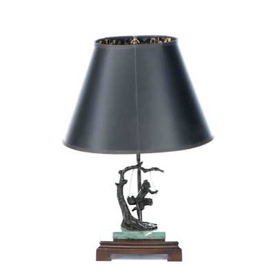 Art Nouveau Style Cast Metal Child on Swing Table Lamp With Paper Shade