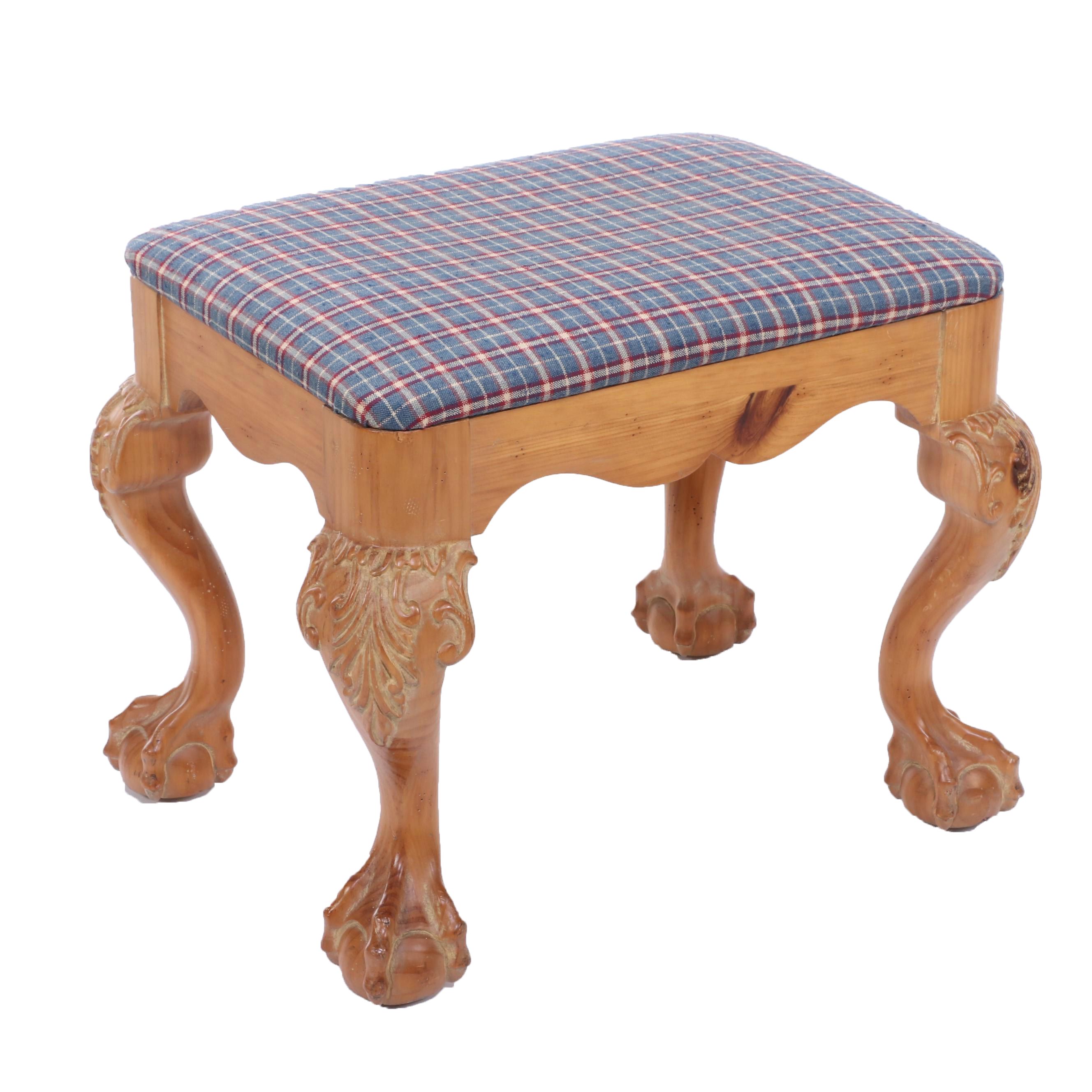 Young Hinkle Chippendale Style Pine and Plaid-Upholstered Stool