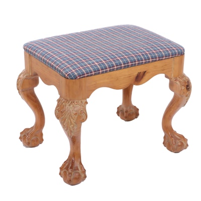 Young Hinkle Chippendale Style Pine and Plaid-Upholstered Stool