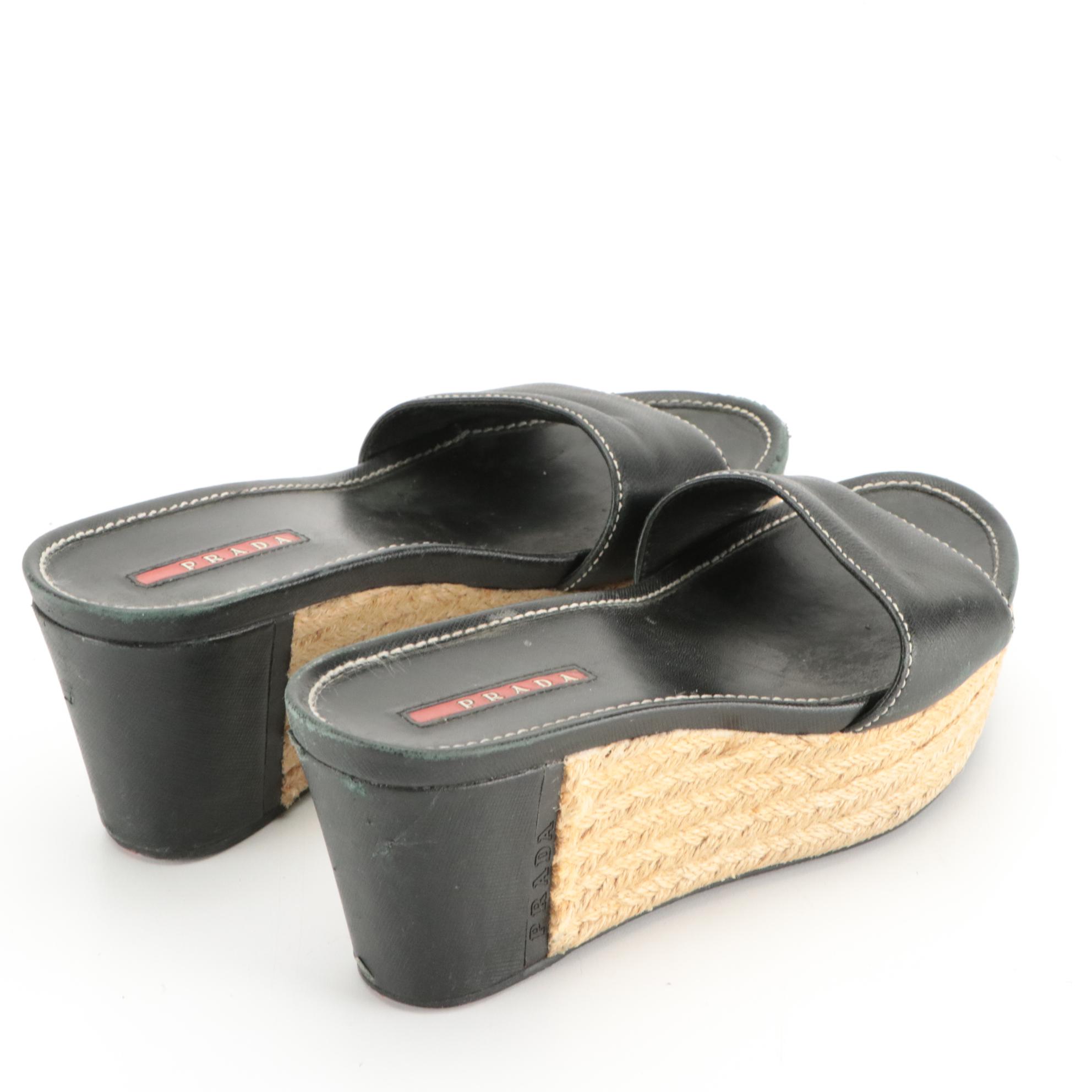 Prada Wedge Espadrilles in Black Saffiano Leather with Contrast Stitching