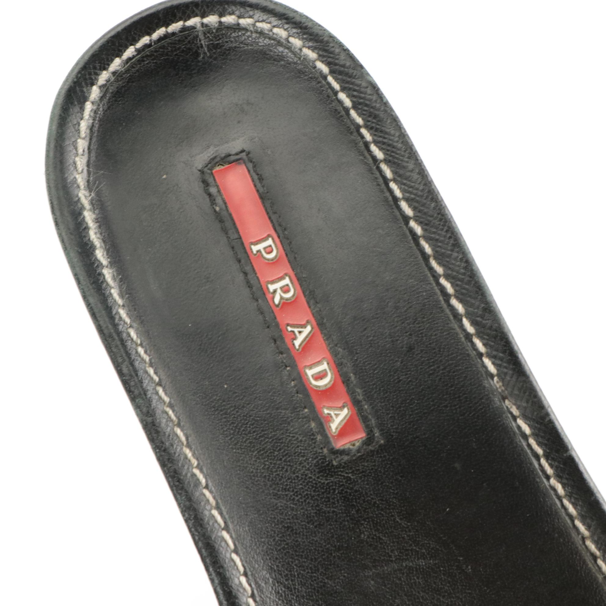 Prada Wedge Espadrilles in Black Saffiano Leather with Contrast Stitching
