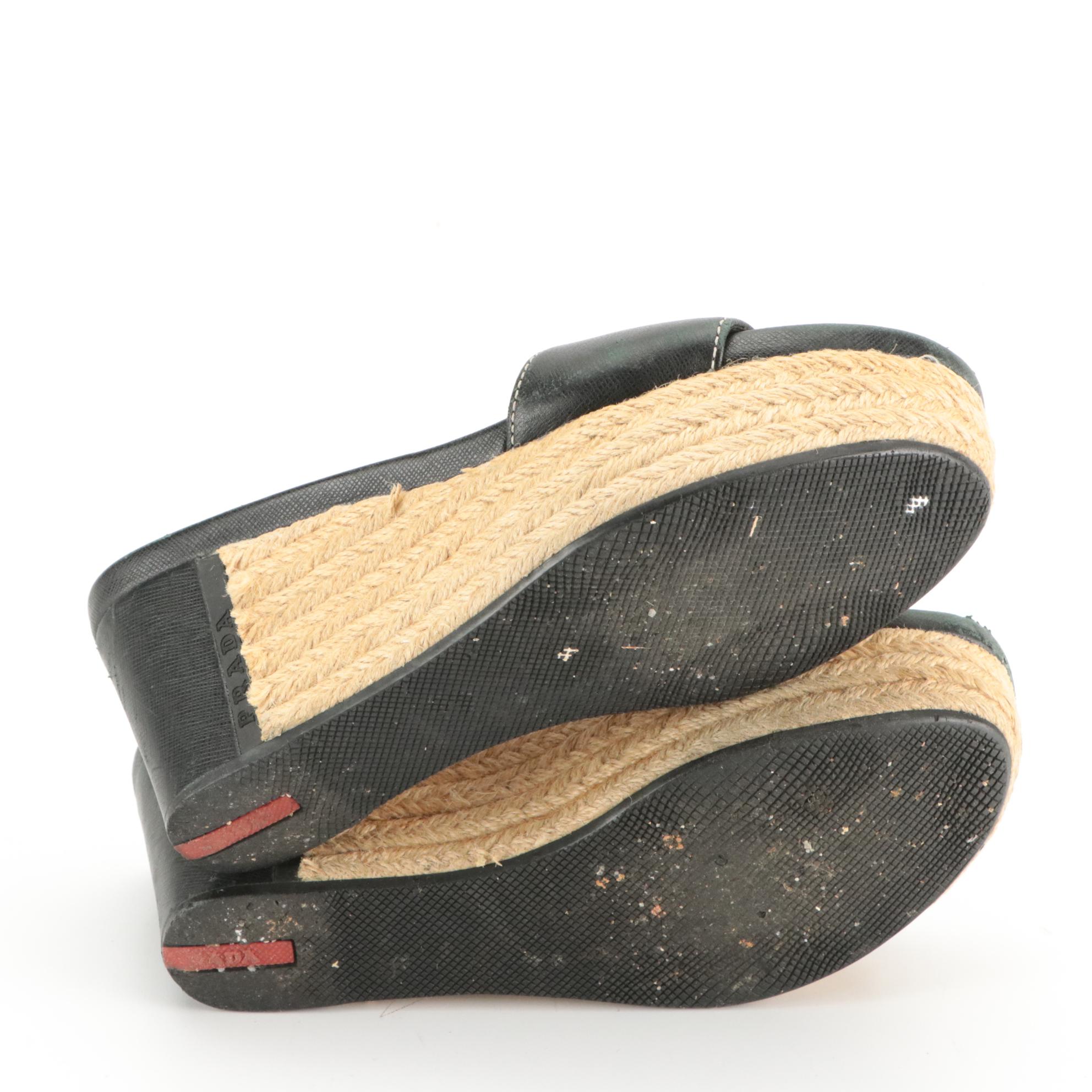 Prada Wedge Espadrilles in Black Saffiano Leather with Contrast Stitching