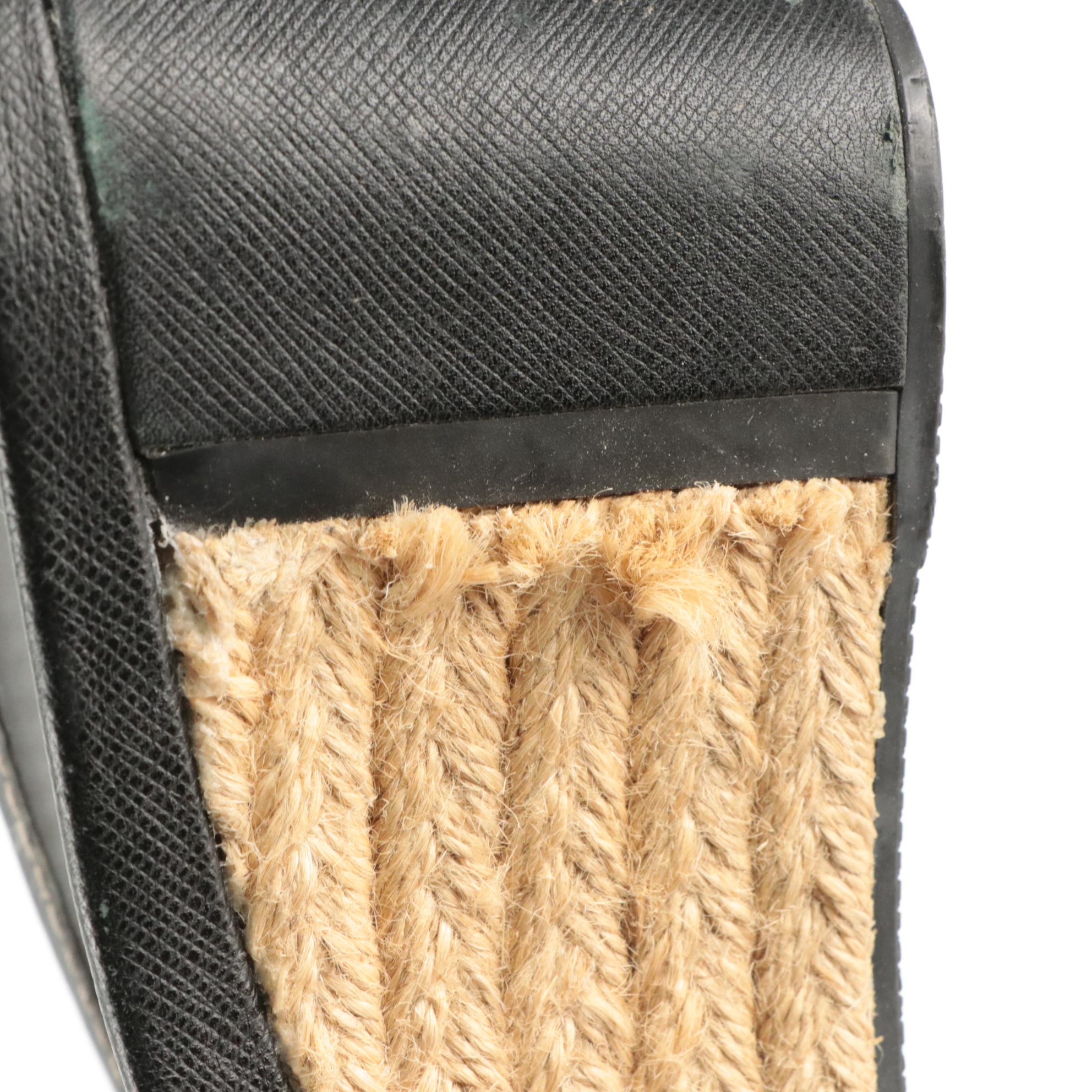 Prada Wedge Espadrilles in Black Saffiano Leather with Contrast Stitching