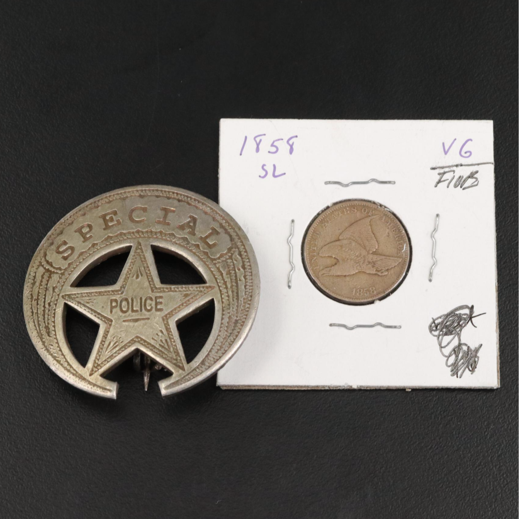 1858 Flying Eagle Cent and an Antique Police Badge