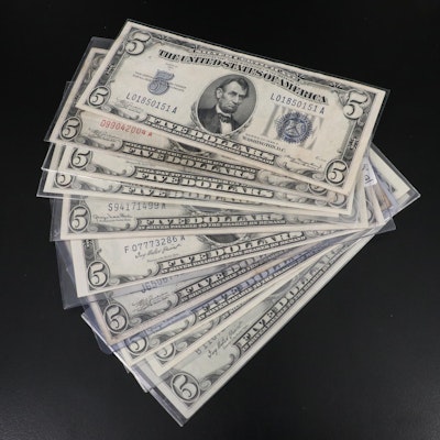 Ten Vintage $5 U.S. Currency Notes