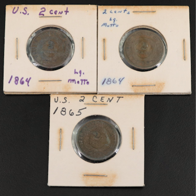 Group of Three United States Two Cent Pieces With an 1865