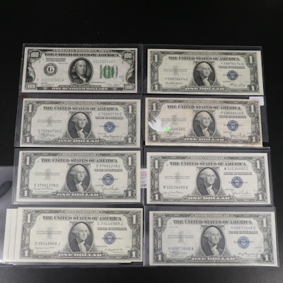 Series of 1928A $100 Federal Reserve Note and Nine $1 Silver Certificates