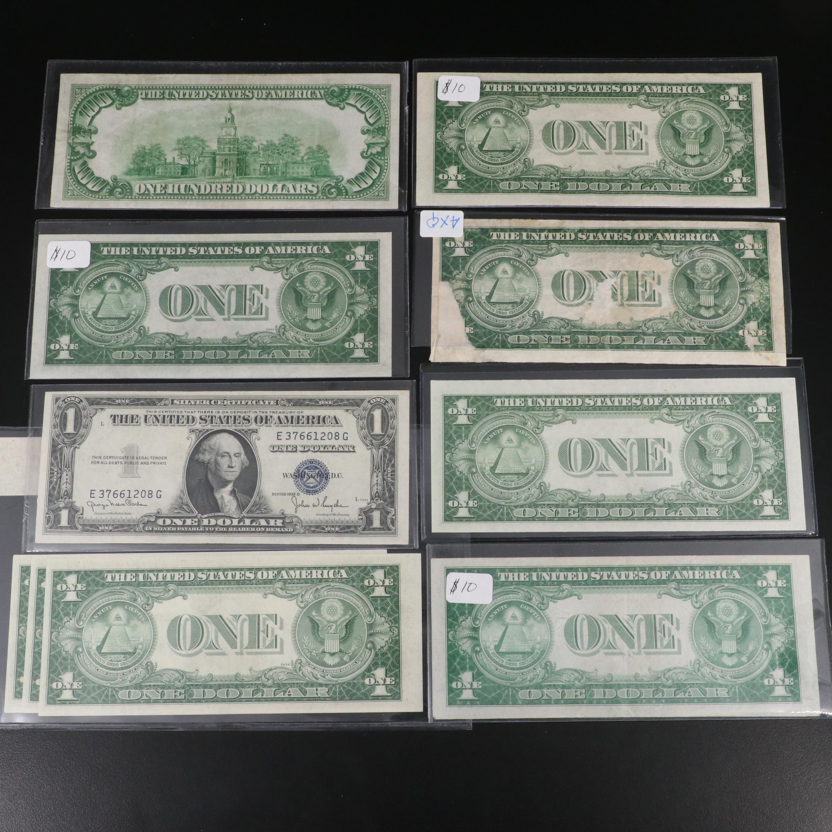 Series of 1928A $100 Federal Reserve Note and Nine $1 Silver Certificates