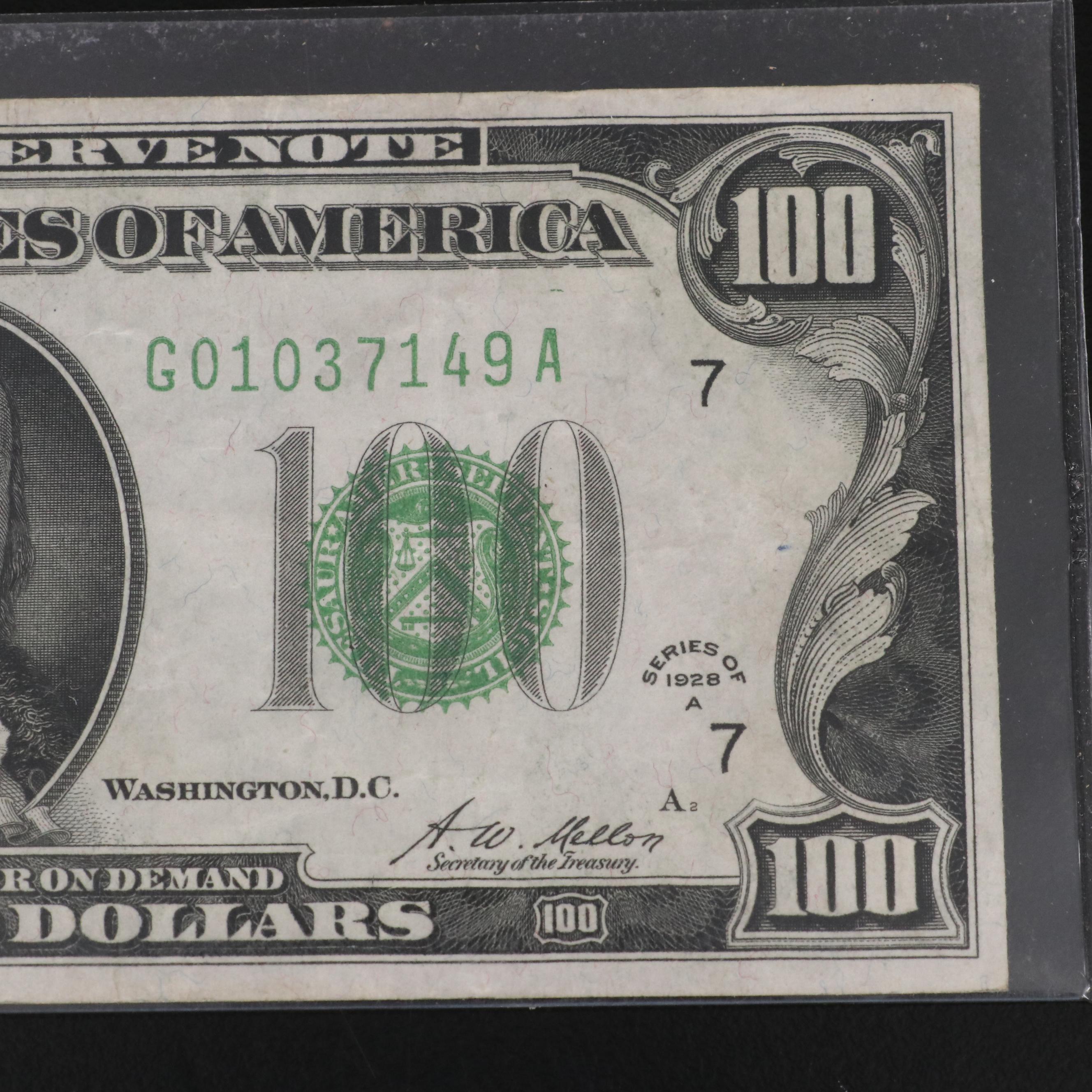 Series of 1928A $100 Federal Reserve Note and Nine $1 Silver Certificates
