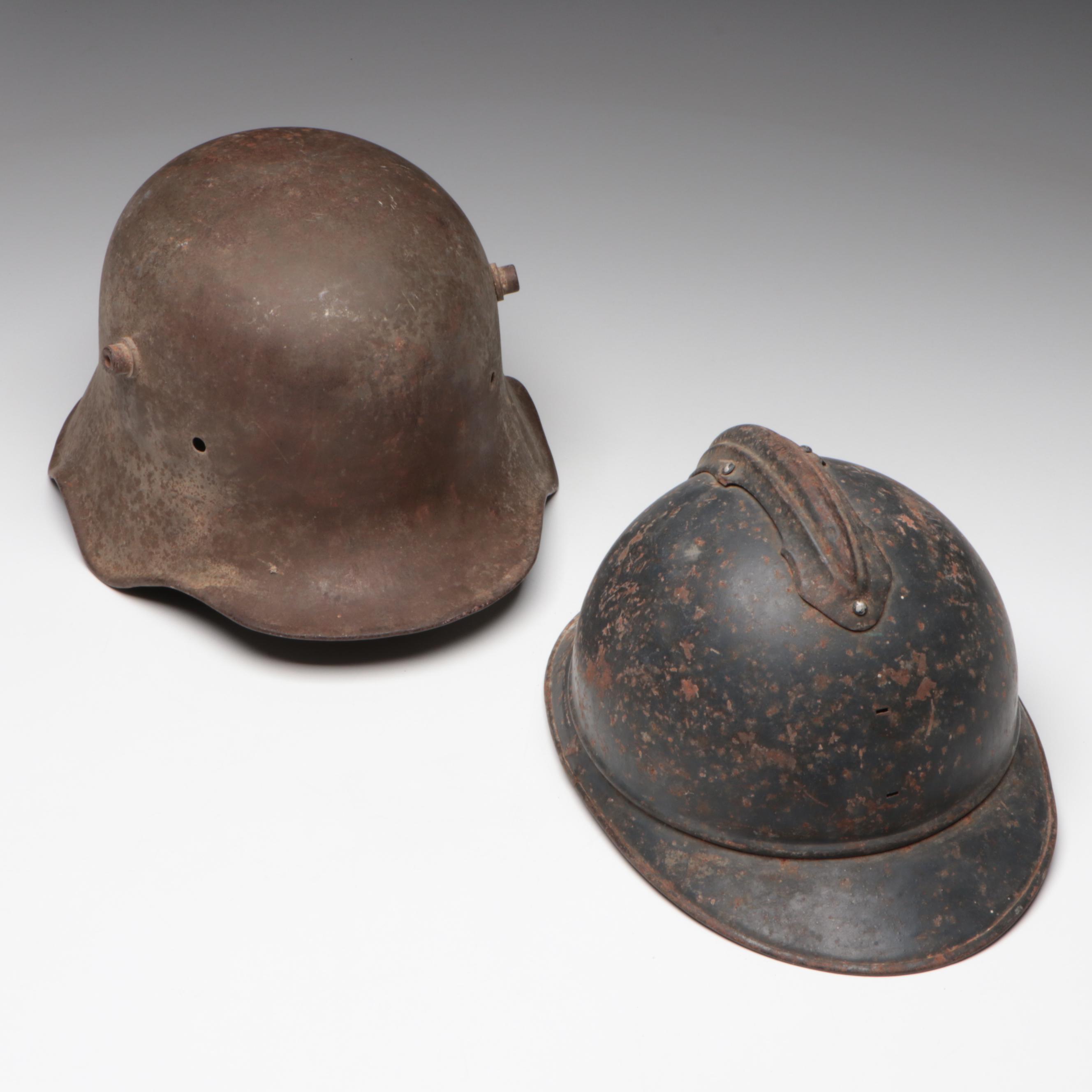 WWI German M18 Cavalry Helmet and WWI French M1915 Adrian Helmet