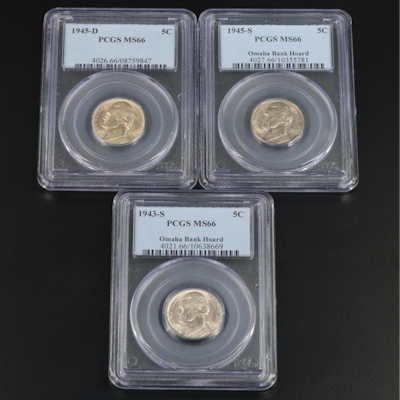Collection of three PCGS MS66 silver War nickels 1943-S, 1945-D, and 1945-S