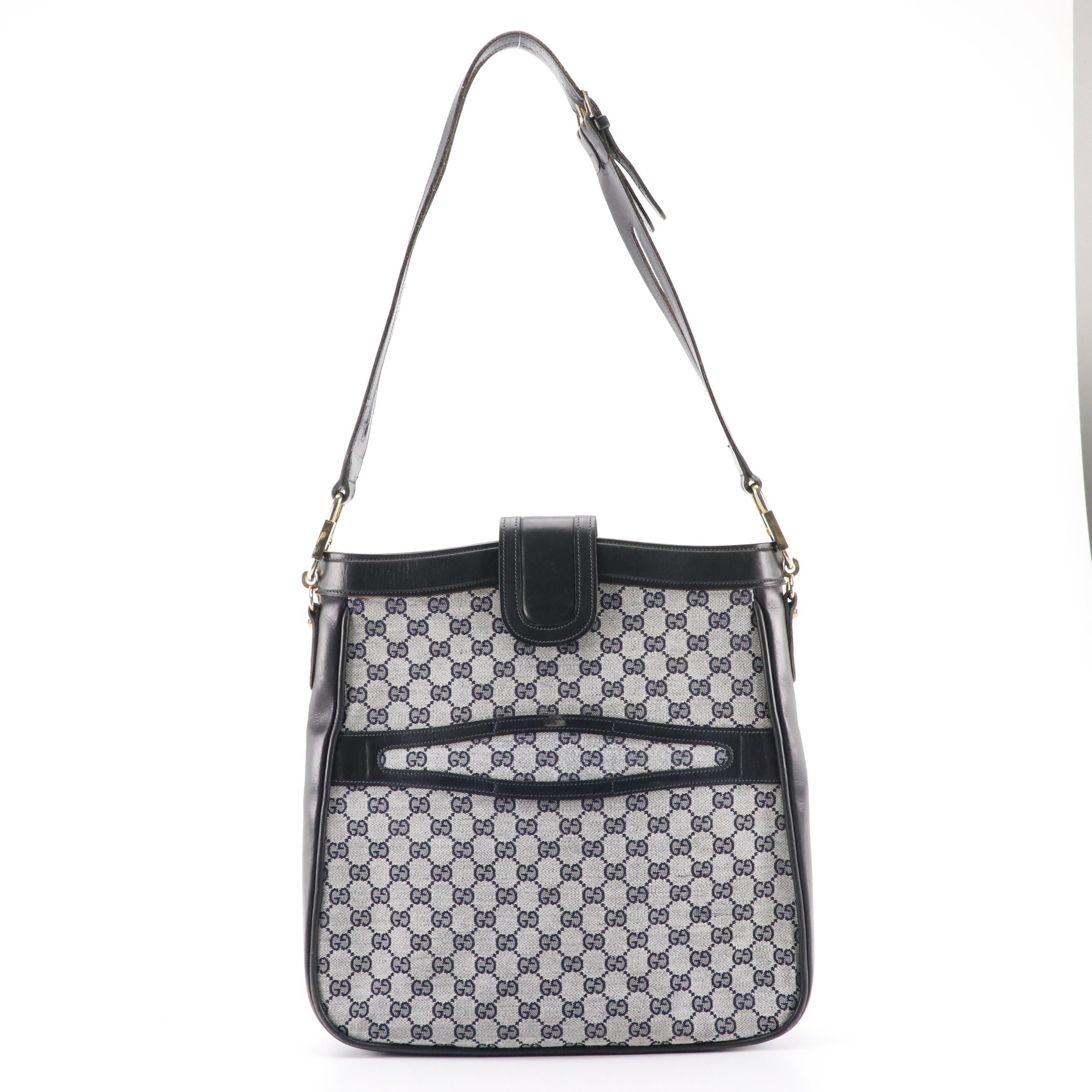 Gucci Vintage Navy Blue GG Canvas and Leather Shoulder Bag With Box