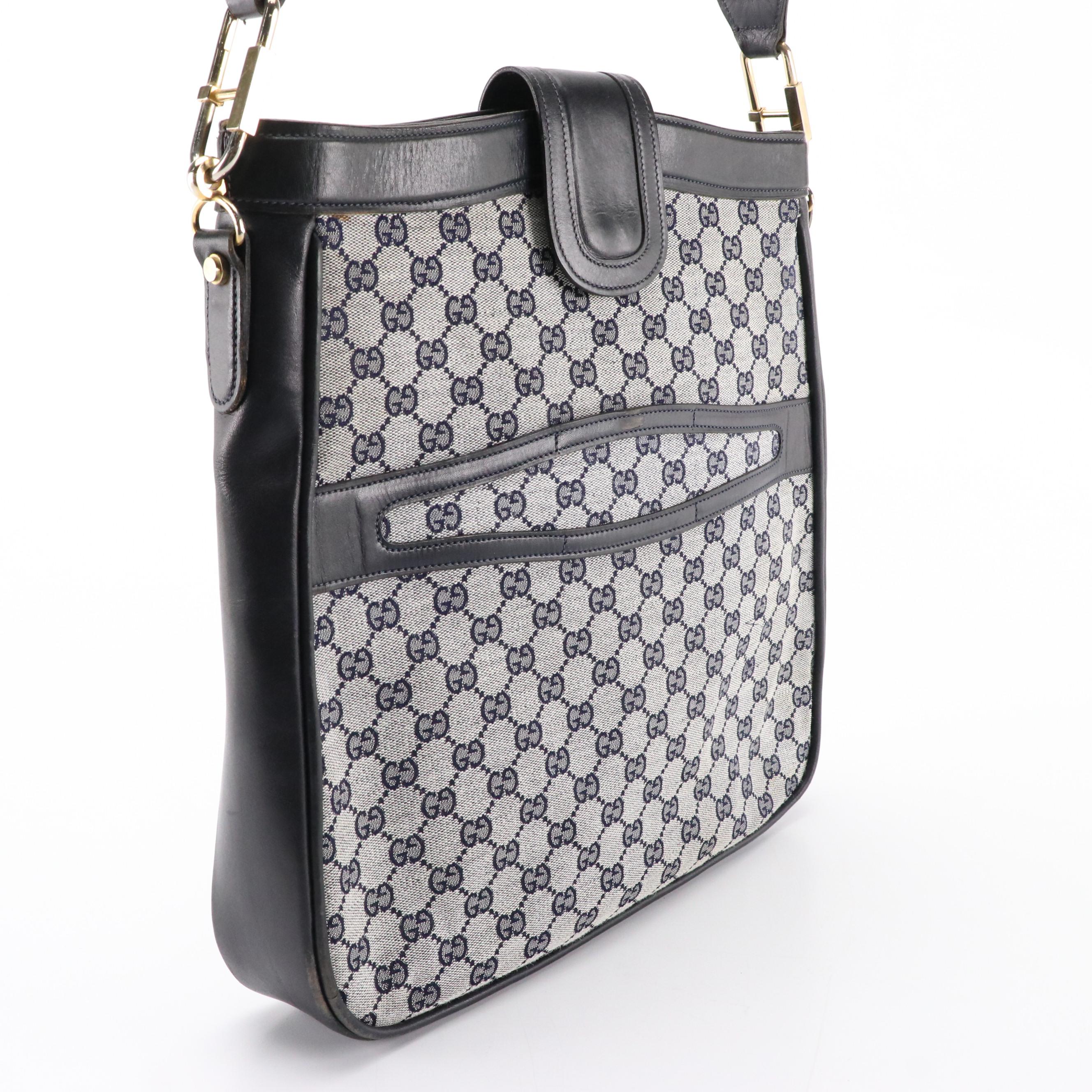 Gucci Vintage Navy Blue GG Canvas and Leather Shoulder Bag With Box