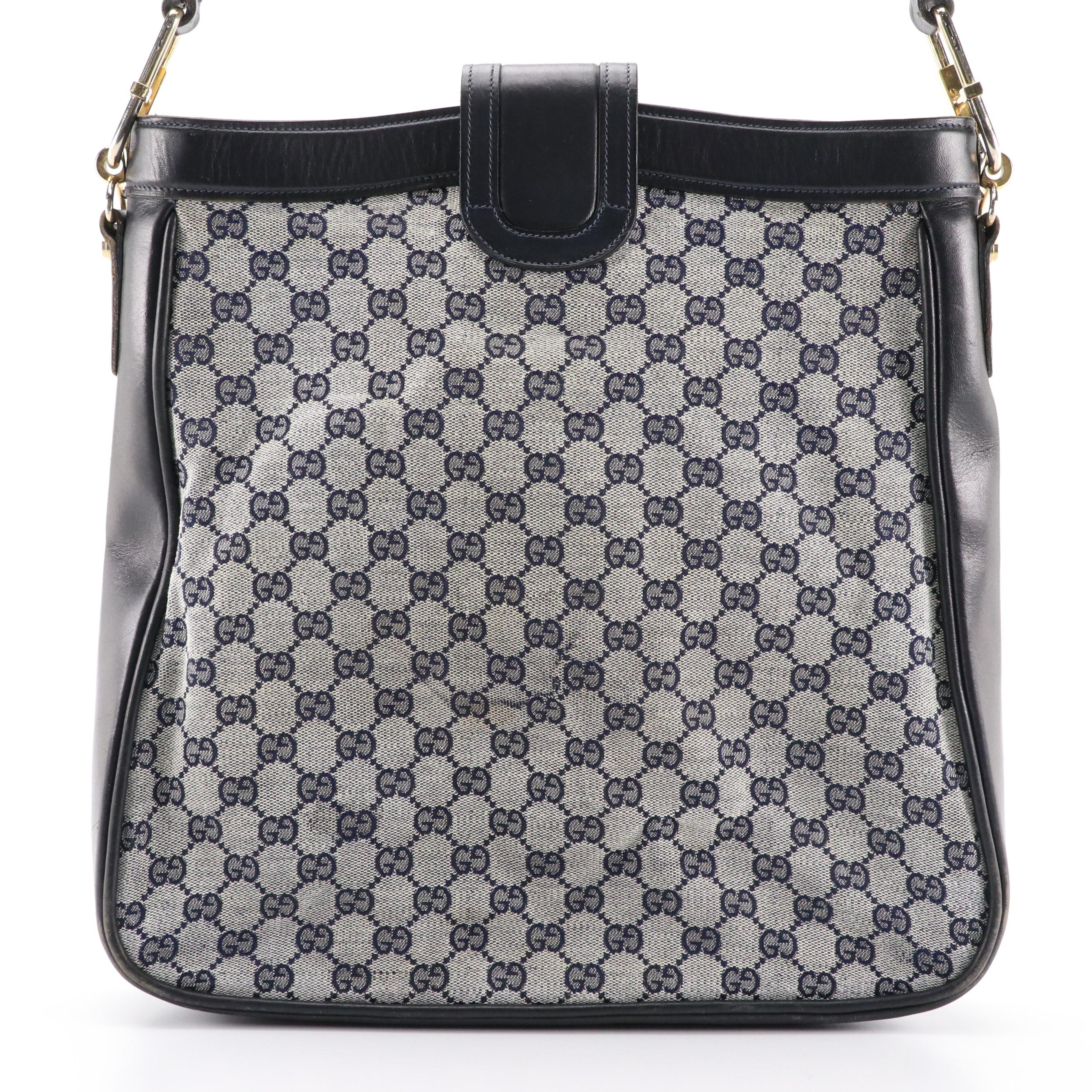 Gucci Vintage Navy Blue GG Canvas and Leather Shoulder Bag With Box