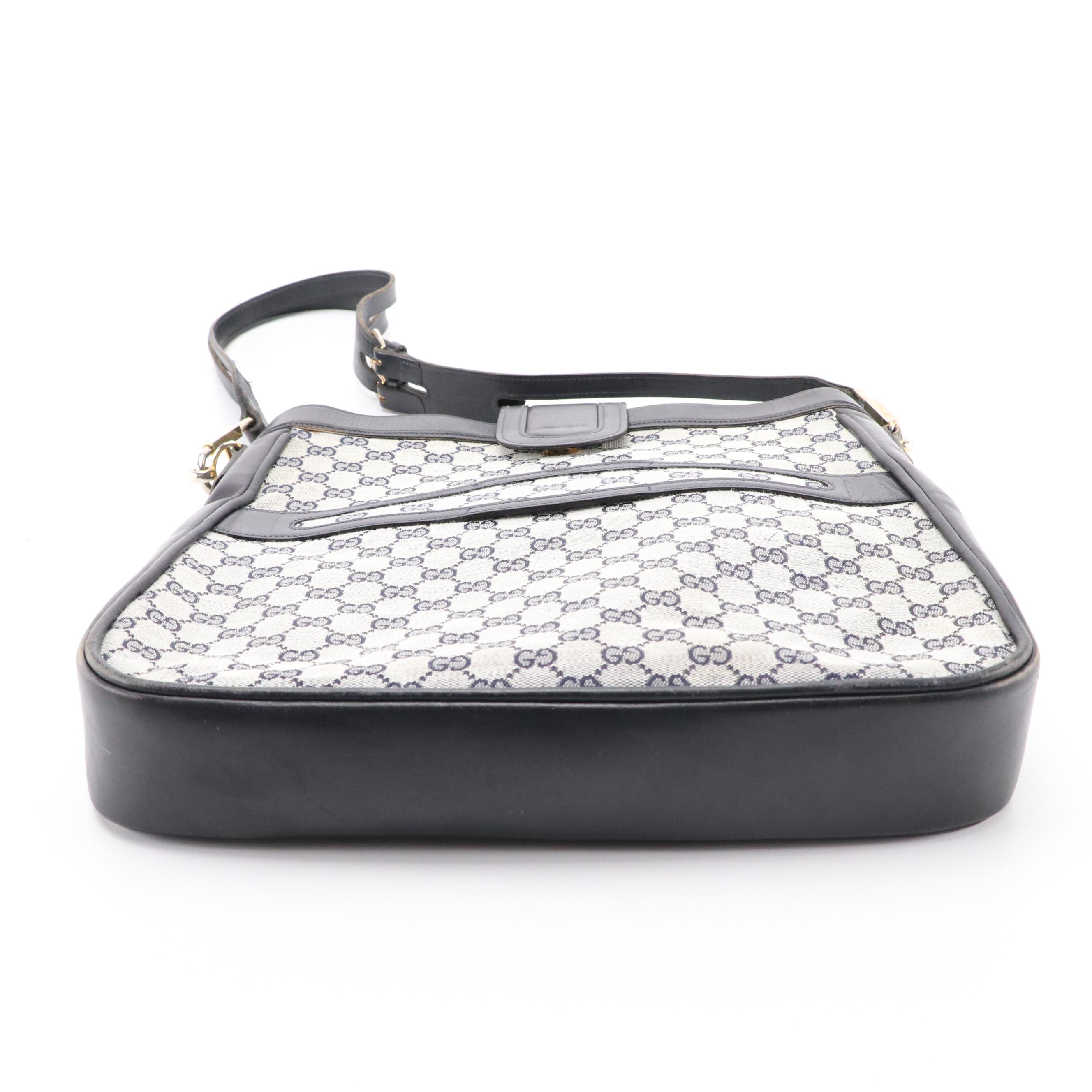 Gucci Vintage Navy Blue GG Canvas and Leather Shoulder Bag With Box