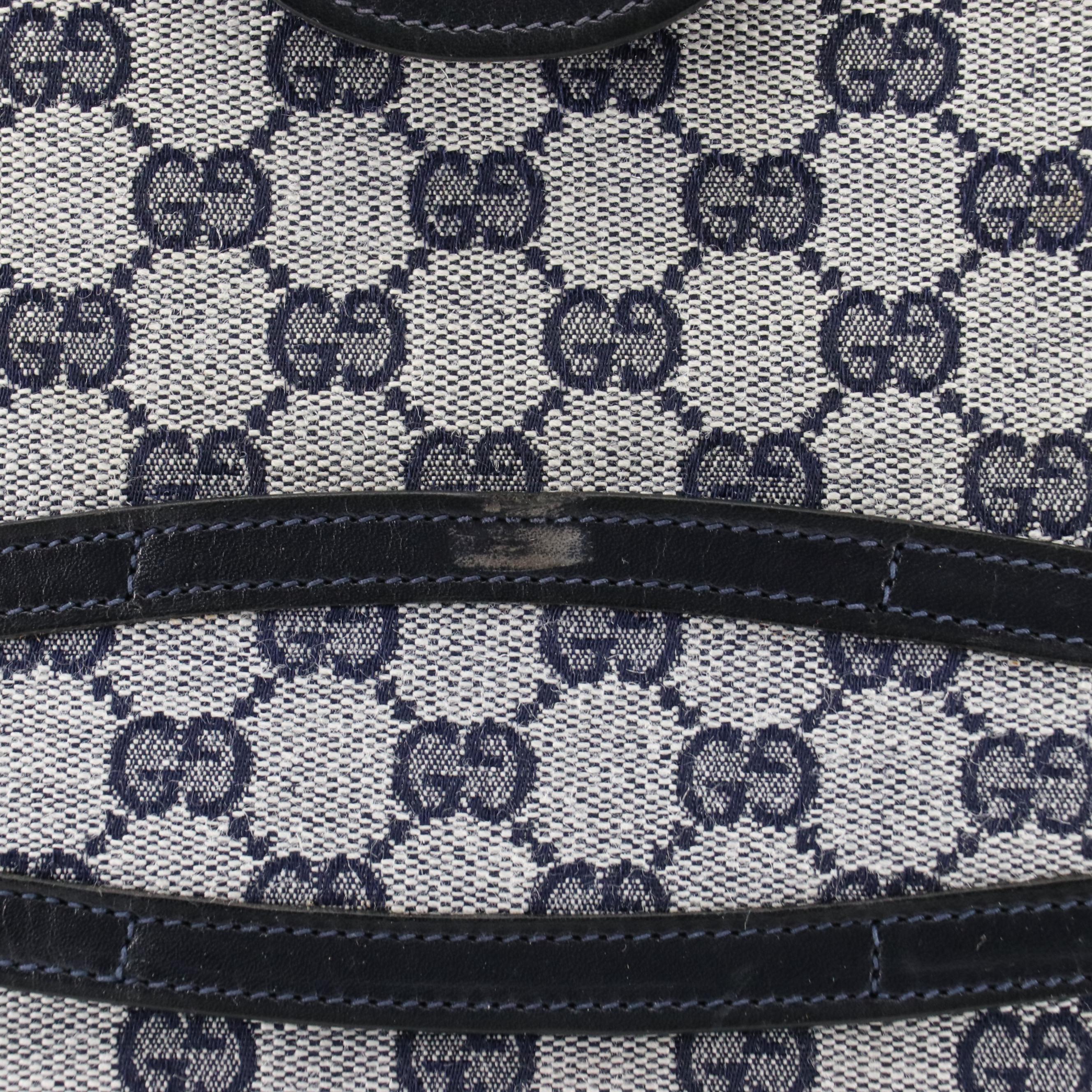 Gucci Vintage Navy Blue GG Canvas and Leather Shoulder Bag With Box