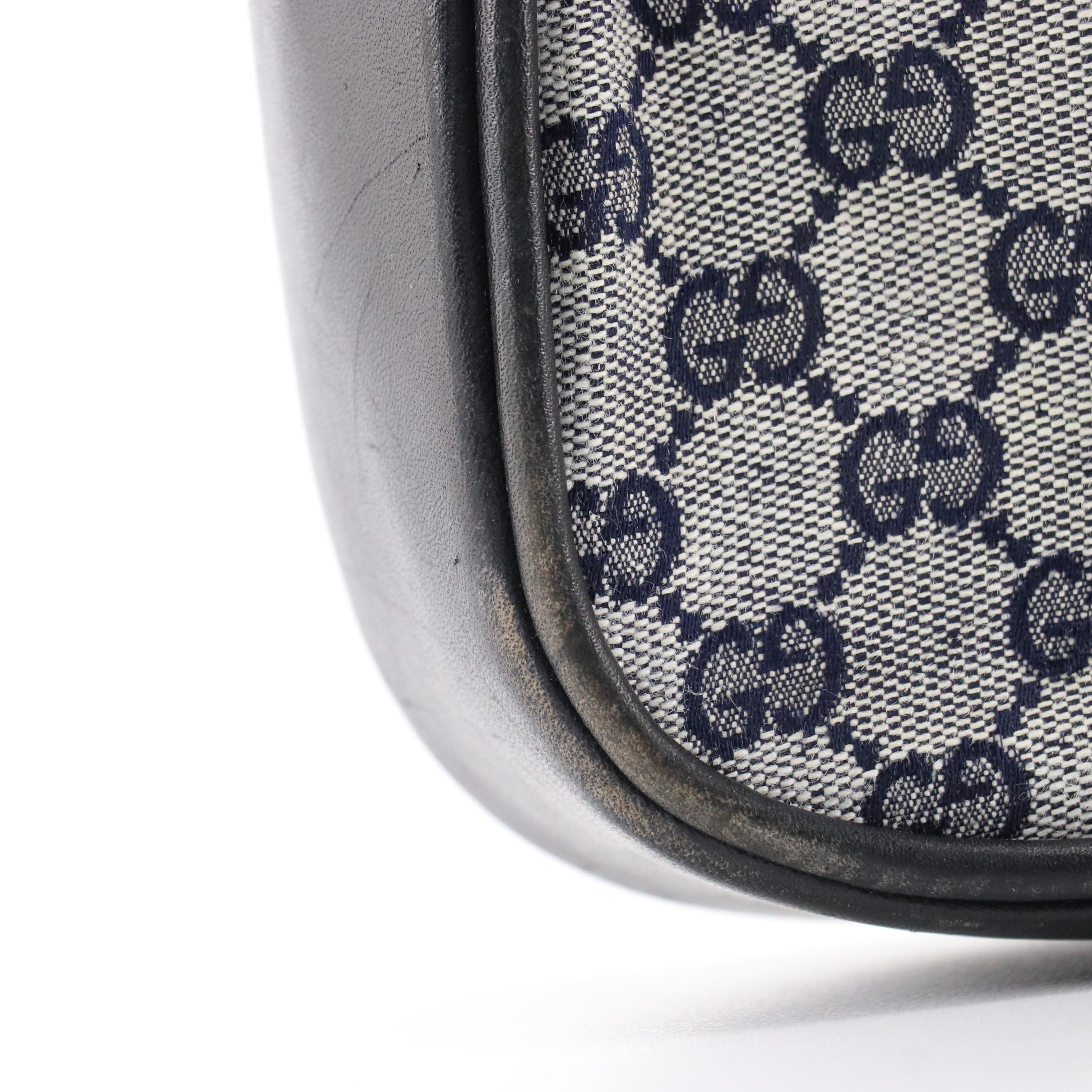 Gucci Vintage Navy Blue GG Canvas and Leather Shoulder Bag With Box