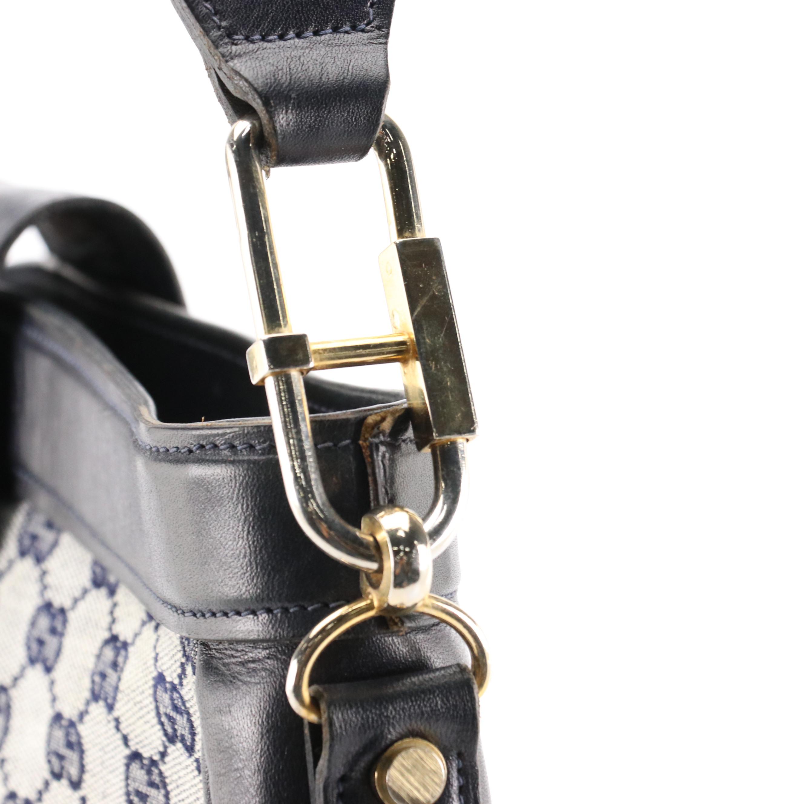 Gucci Vintage Navy Blue GG Canvas and Leather Shoulder Bag With Box