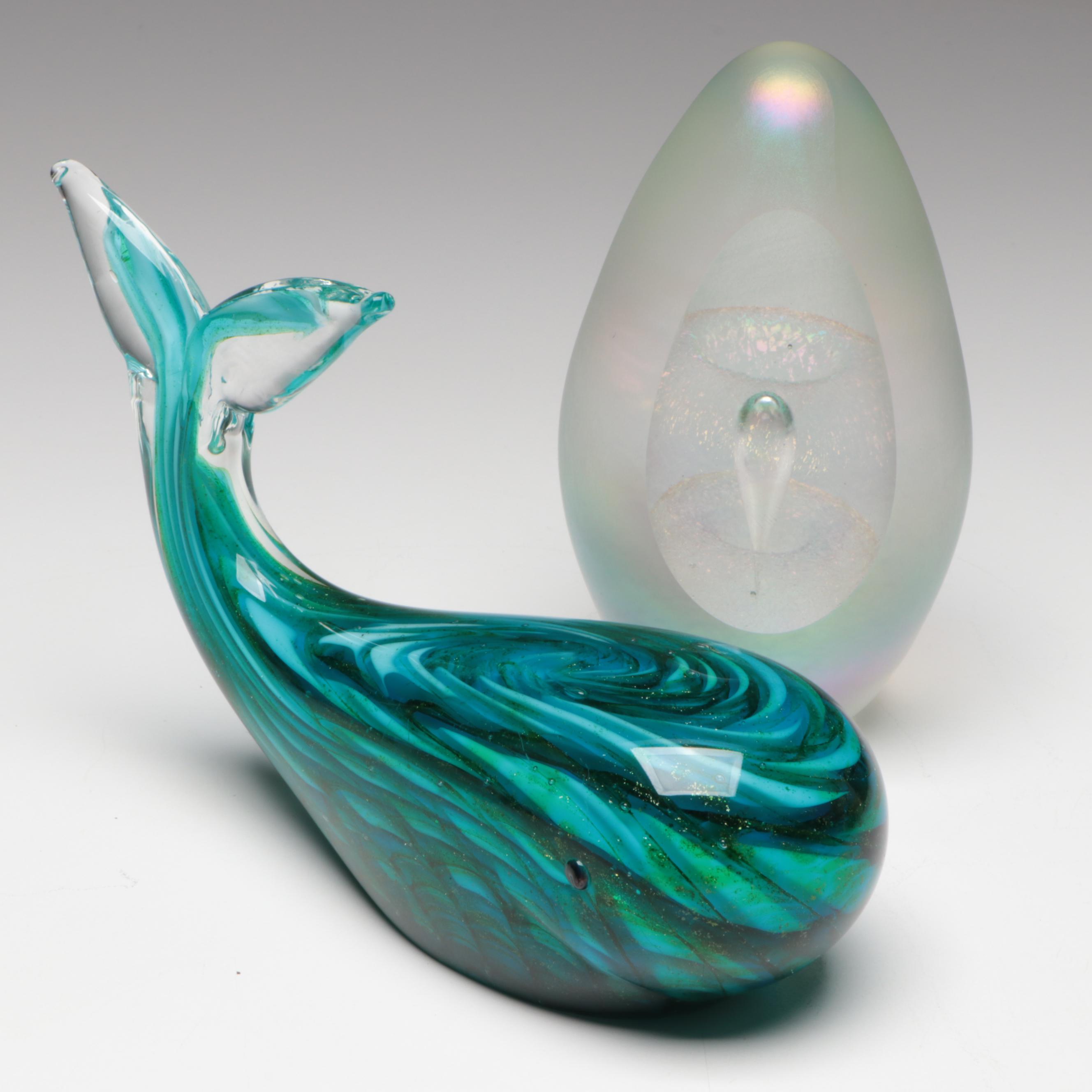 Robert Eickholt Dichroic Glass Paperweight with Murano Style Whale