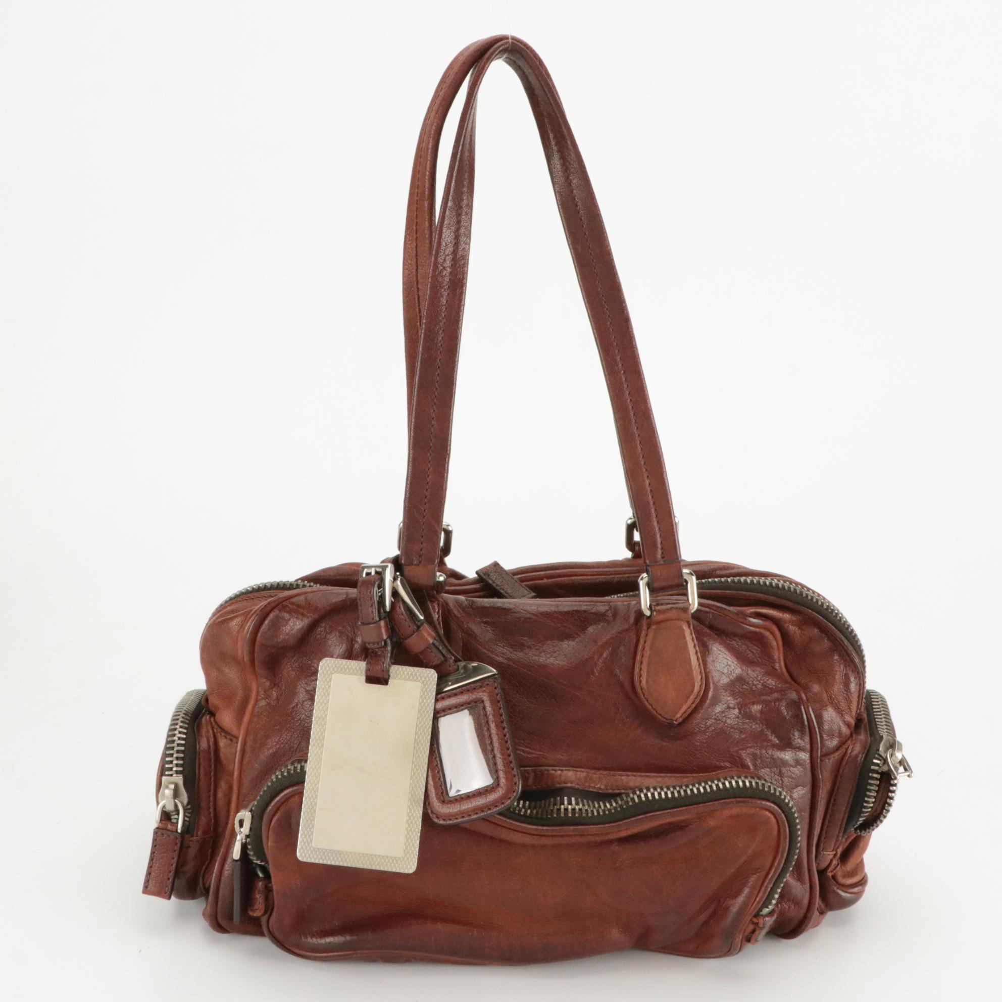 Prada Bauletto Cargo Pocket Shoulder Bag in Chestnut Brown Washed Leather