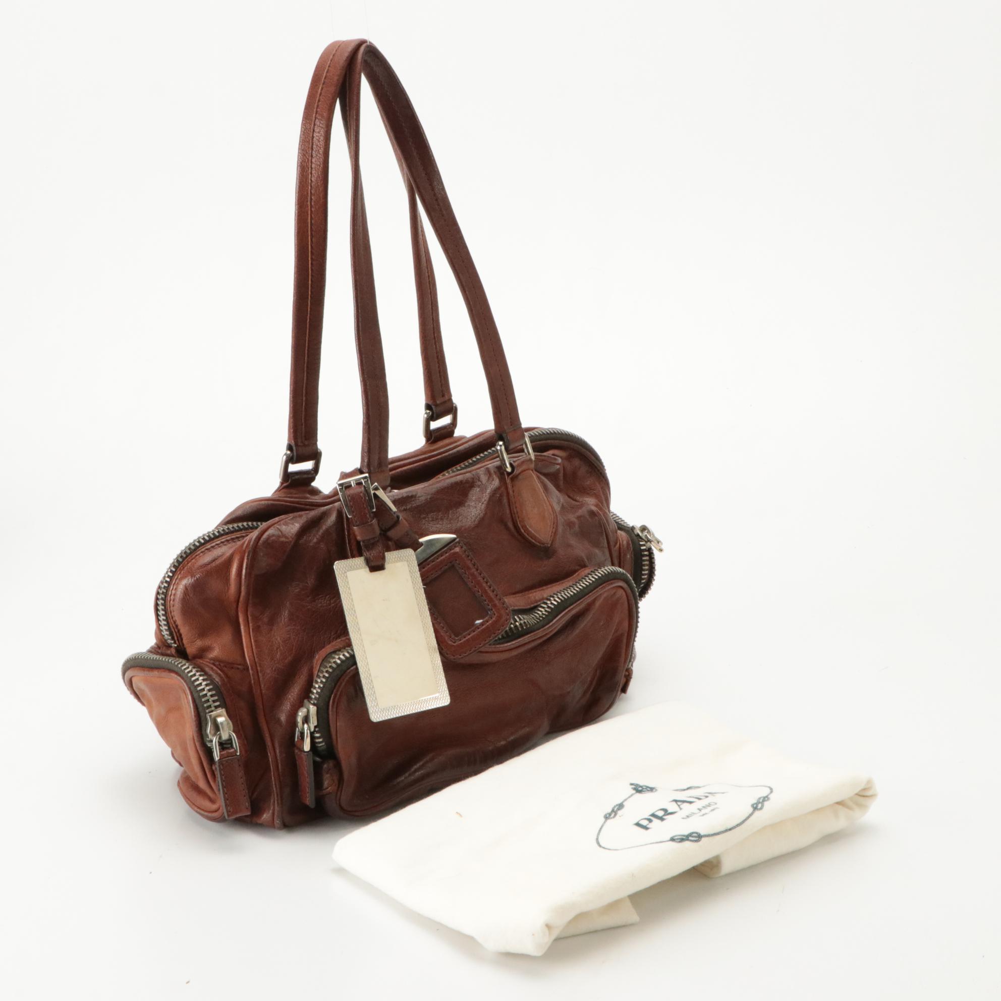 Prada Bauletto Cargo Pocket Shoulder Bag in Chestnut Brown Washed Leather