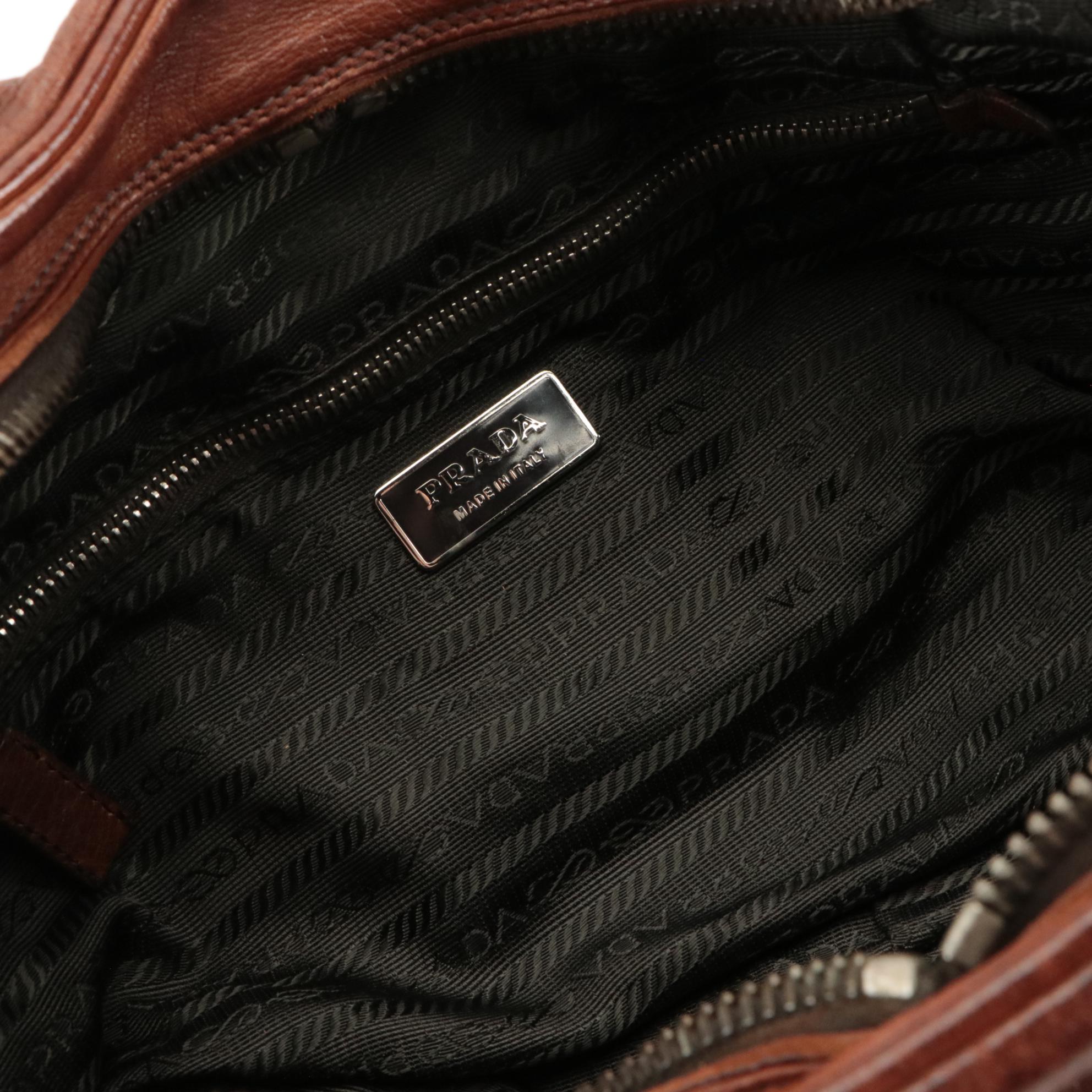 Prada Bauletto Cargo Pocket Shoulder Bag in Chestnut Brown Washed Leather