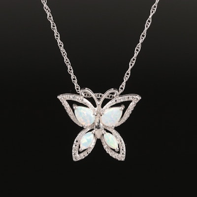 Sterling Opal and Sapphire Butterfly Pendant Necklace