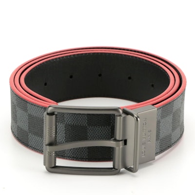 Louis Vuitton Reversible Belt in Damier Graphite, Black Leather and Red Accents