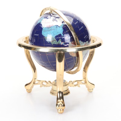 Abalone, Marble, Jasper and More Gemstone Inlay World Globe with Compass, Stand