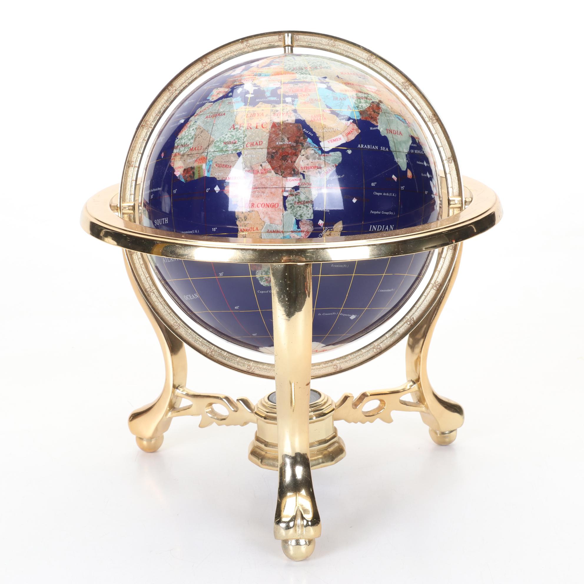 Abalone, Marble, Jasper and More Gemstone Inlay World Globe with Compass, Stand