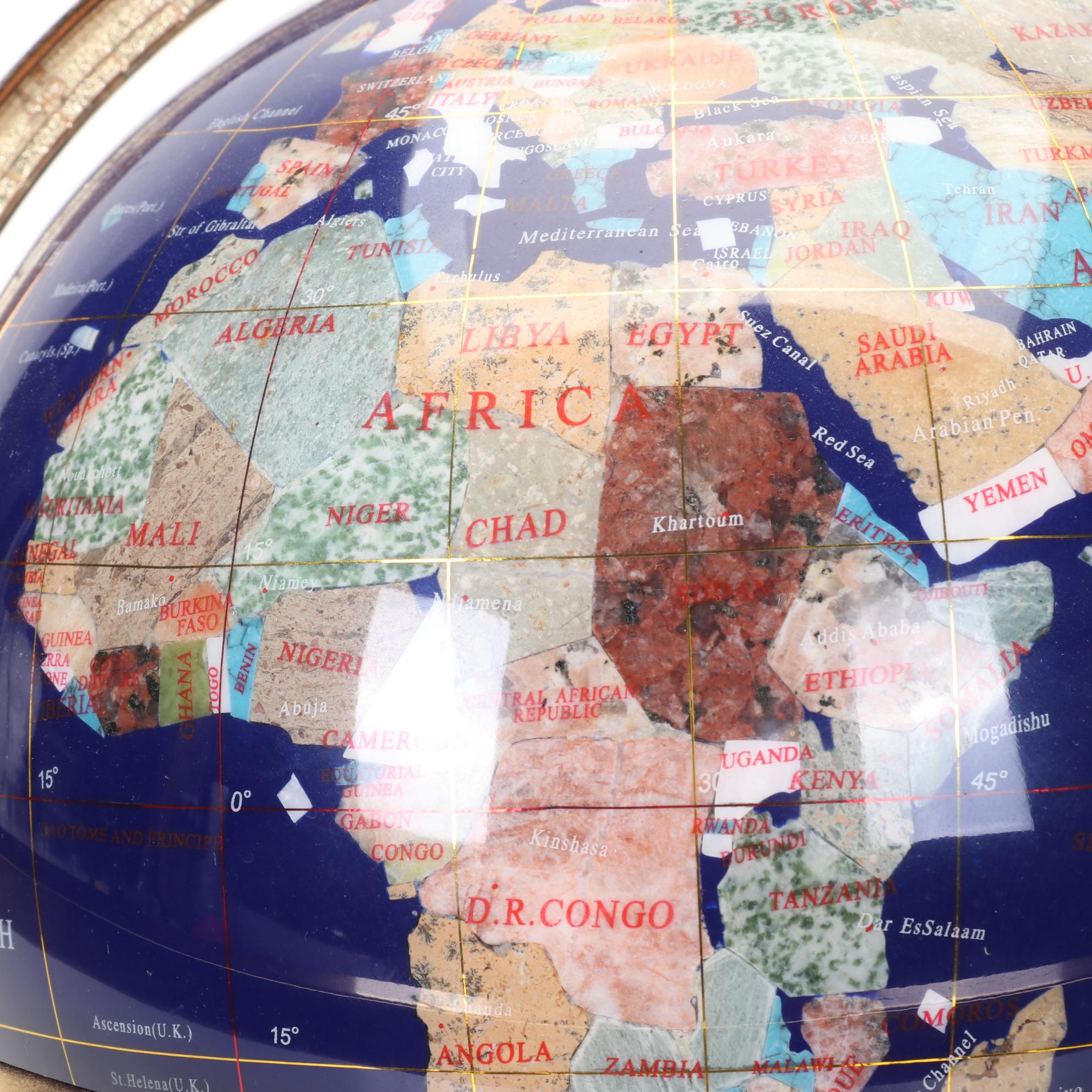 Abalone, Marble, Jasper and More Gemstone Inlay World Globe with Compass, Stand