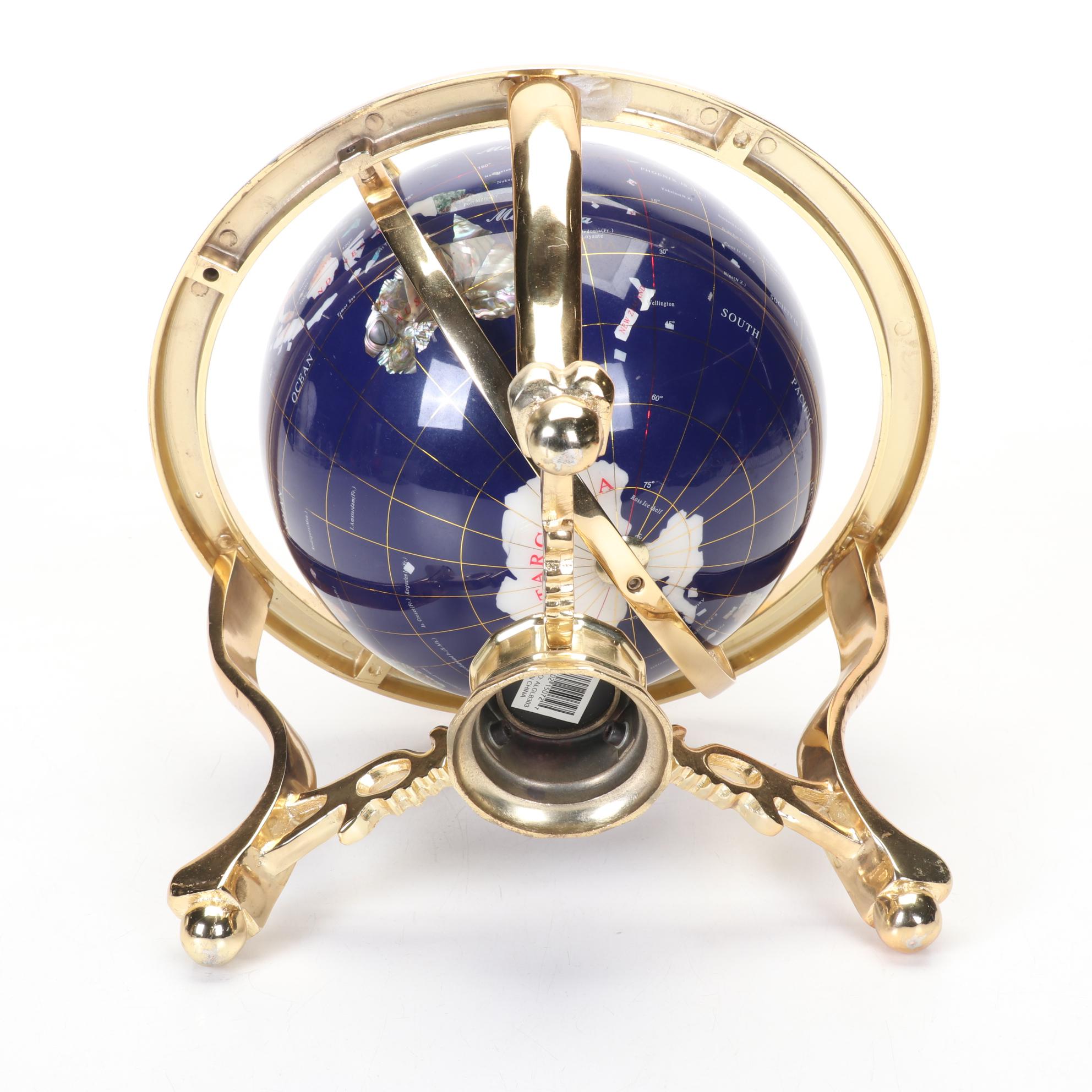 Abalone, Marble, Jasper and More Gemstone Inlay World Globe with Compass, Stand