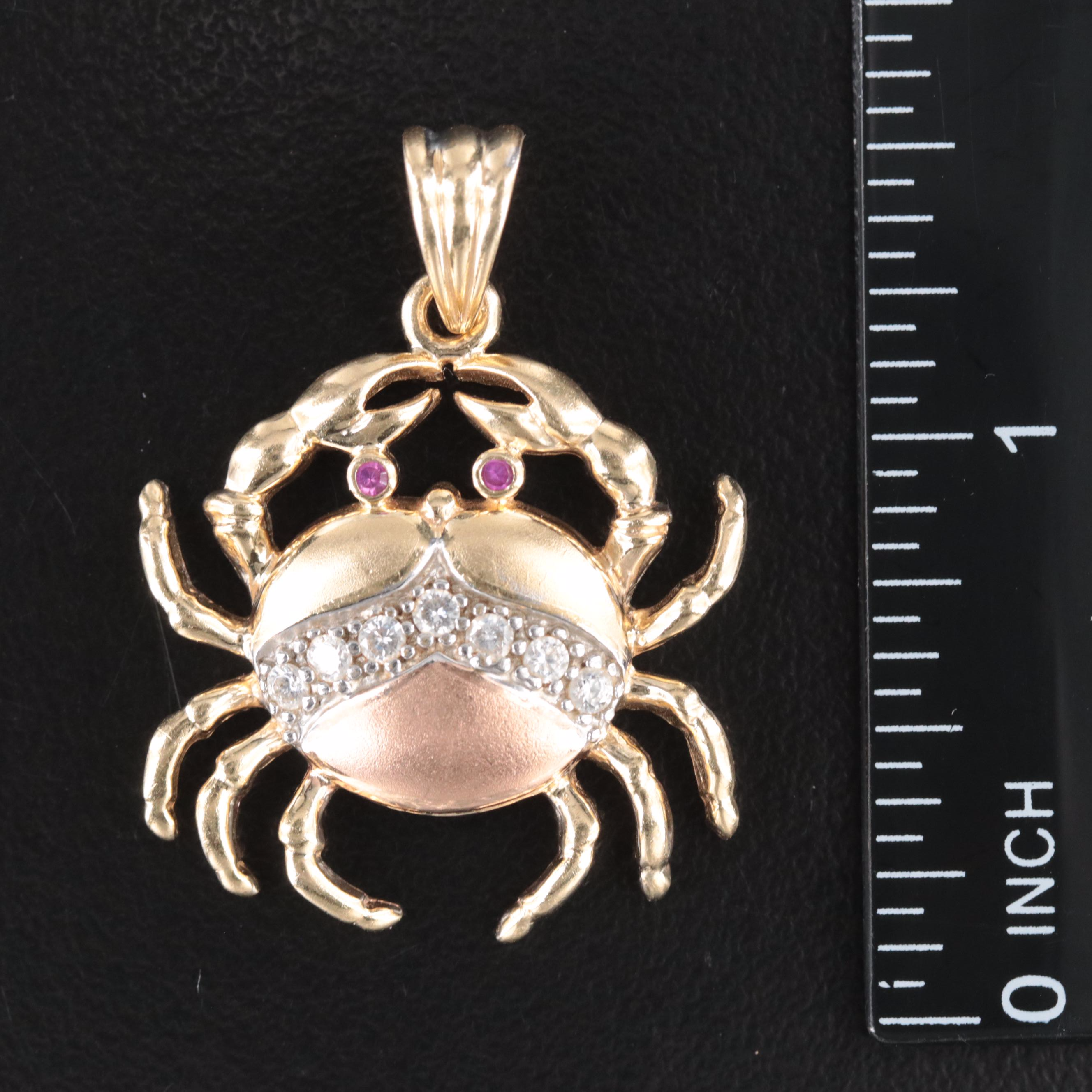 14K Tri-Color CZ and Ruby Crab Pendant