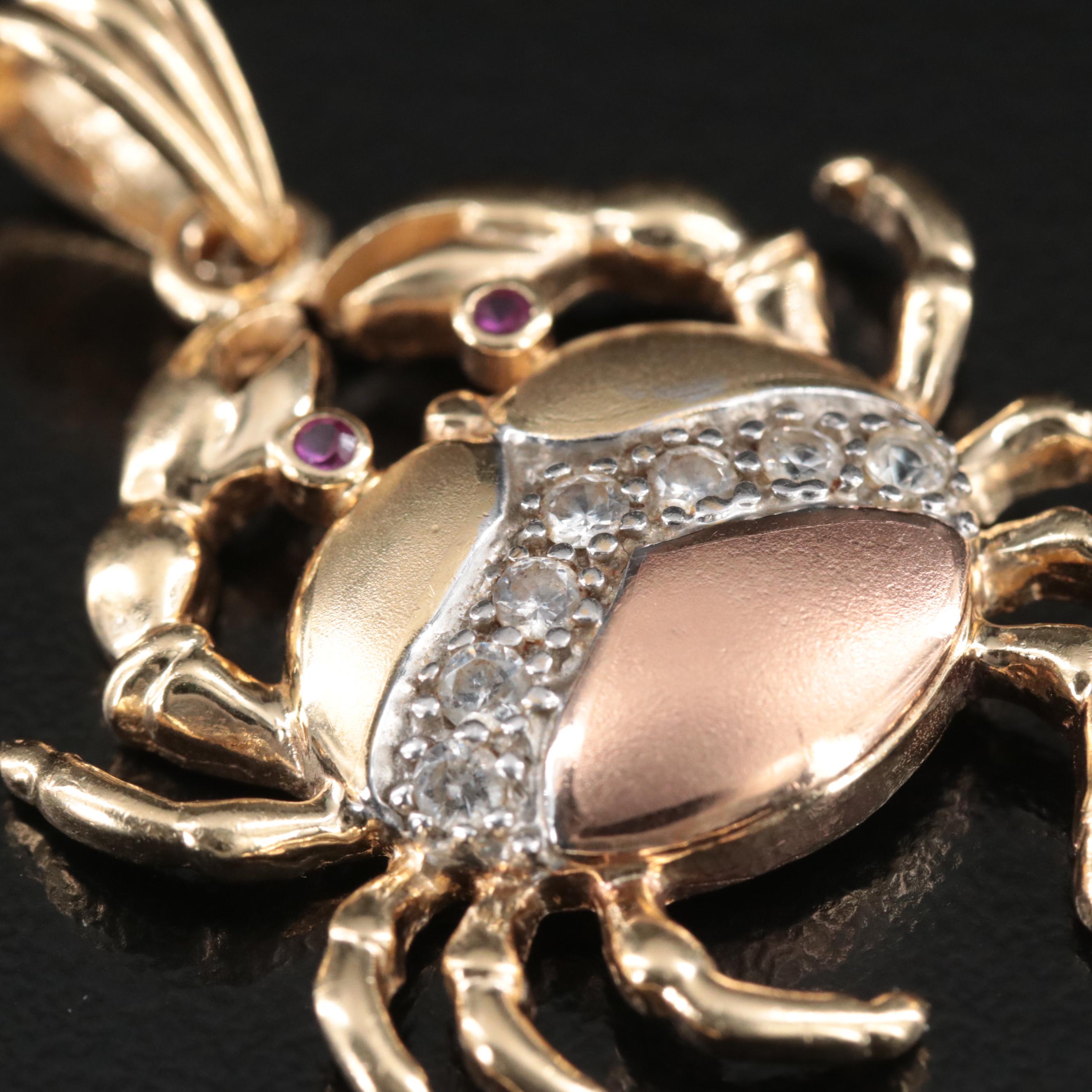 14K Tri-Color CZ and Ruby Crab Pendant